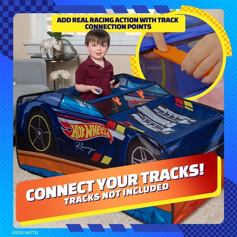 Hot Wheels™ Pop Up Play Tent, Playhouse for Boys, Race Car Tent with Connections for Hot Wheels Tracks, Indoor Playspace with Roll-Up Door & Roof Opening, Easy Setup, Folds Flat for Storage