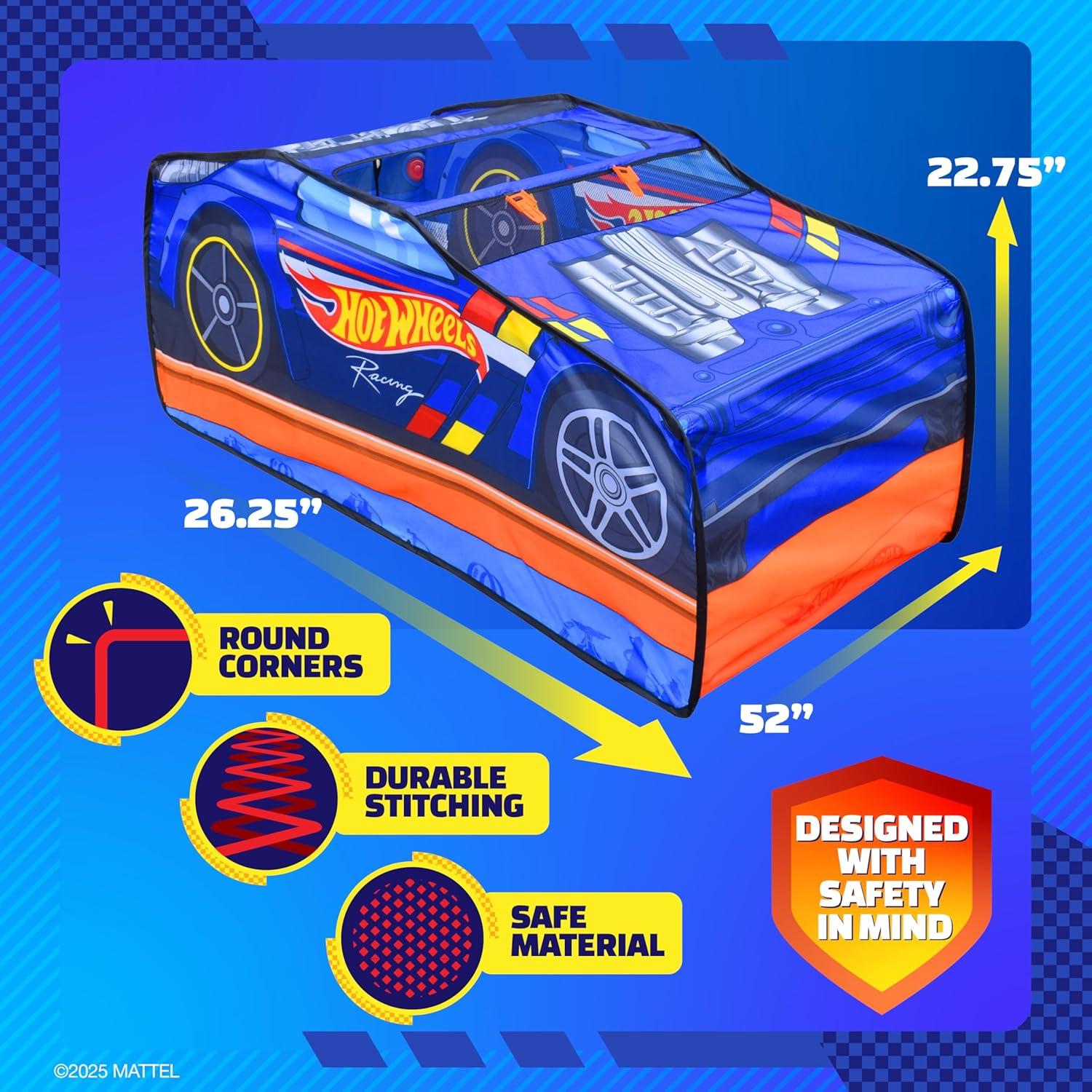 Hot Wheels™ Pop Up Play Tent, Playhouse for Boys, Race Car Tent with Connections for Hot Wheels Tracks, Indoor Playspace with Roll-Up Door & Roof Opening, Easy Setup, Folds Flat for Storage