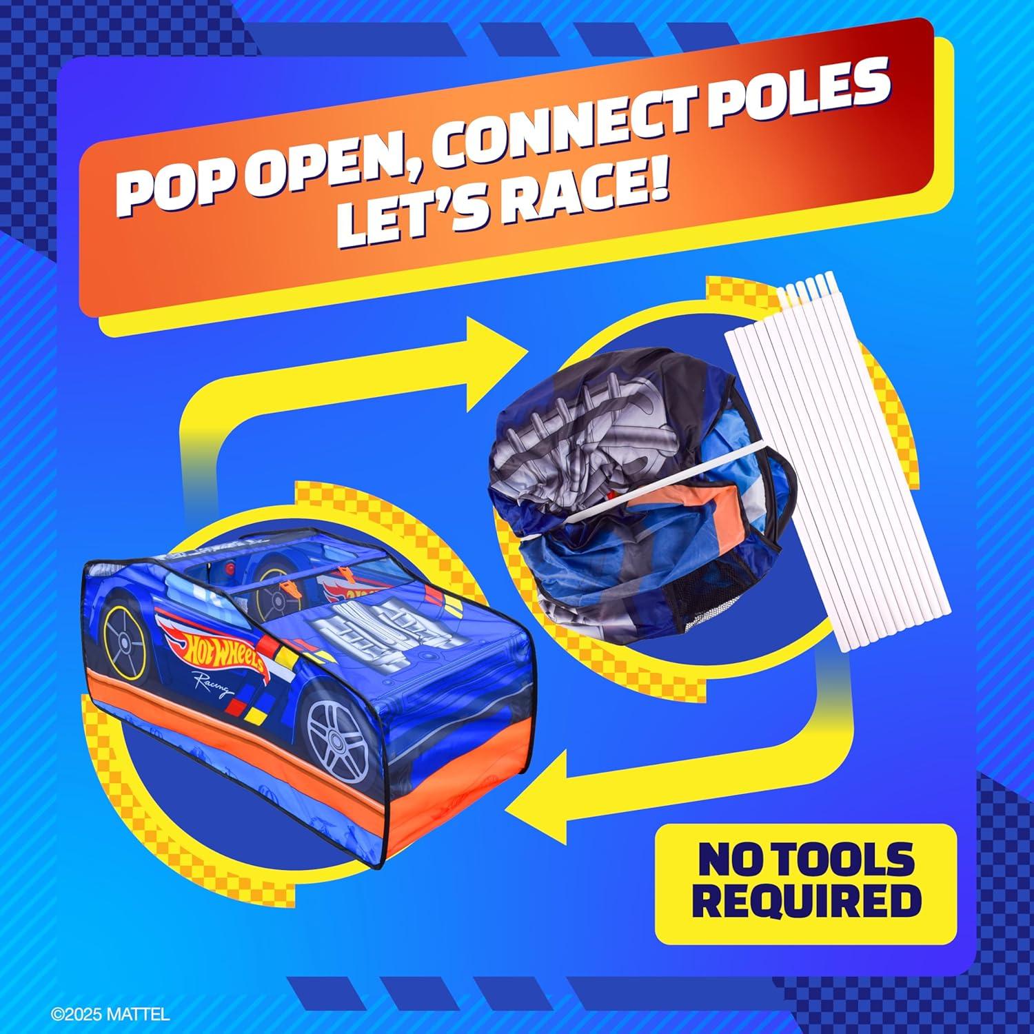 Hot Wheels™ Pop Up Play Tent, Playhouse for Boys, Race Car Tent with Connections for Hot Wheels Tracks, Indoor Playspace with Roll-Up Door & Roof Opening, Easy Setup, Folds Flat for Storage