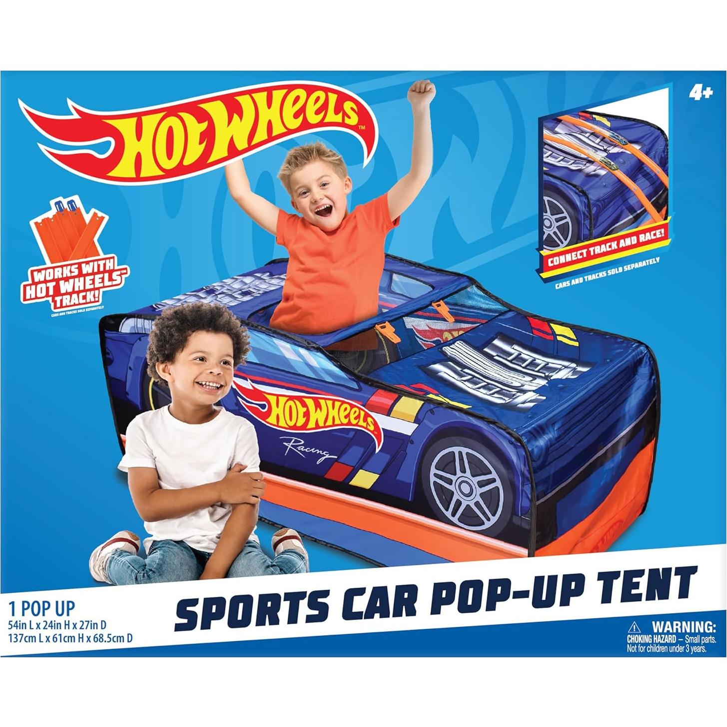 Hot Wheels™ Pop Up Play Tent, Playhouse for Boys, Race Car Tent with Connections for Hot Wheels Tracks, Indoor Playspace with Roll-Up Door & Roof Opening, Easy Setup, Folds Flat for Storage