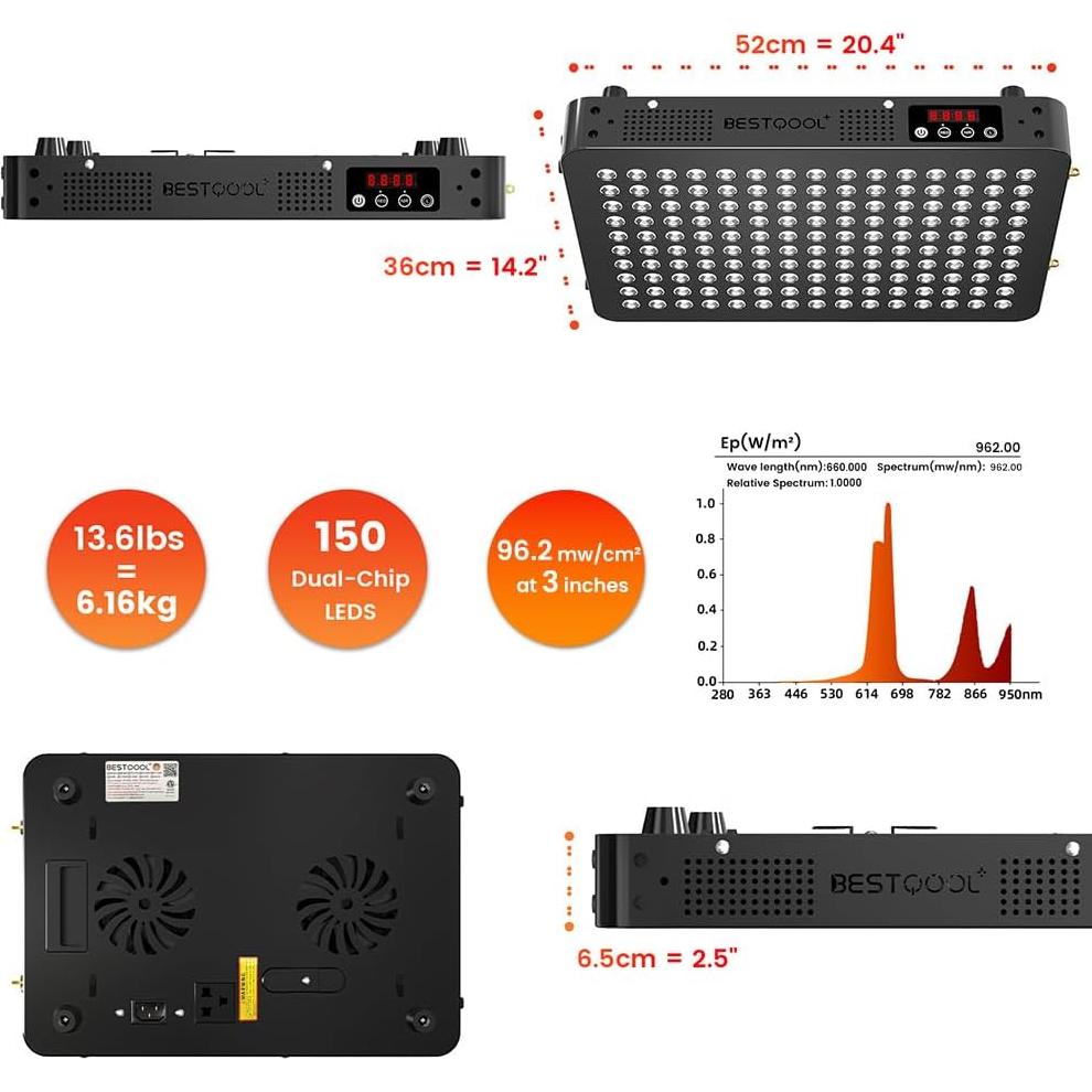 Panel de Terapia de Luz Roja Bestqool BQ150, 150 LEDs, 250W