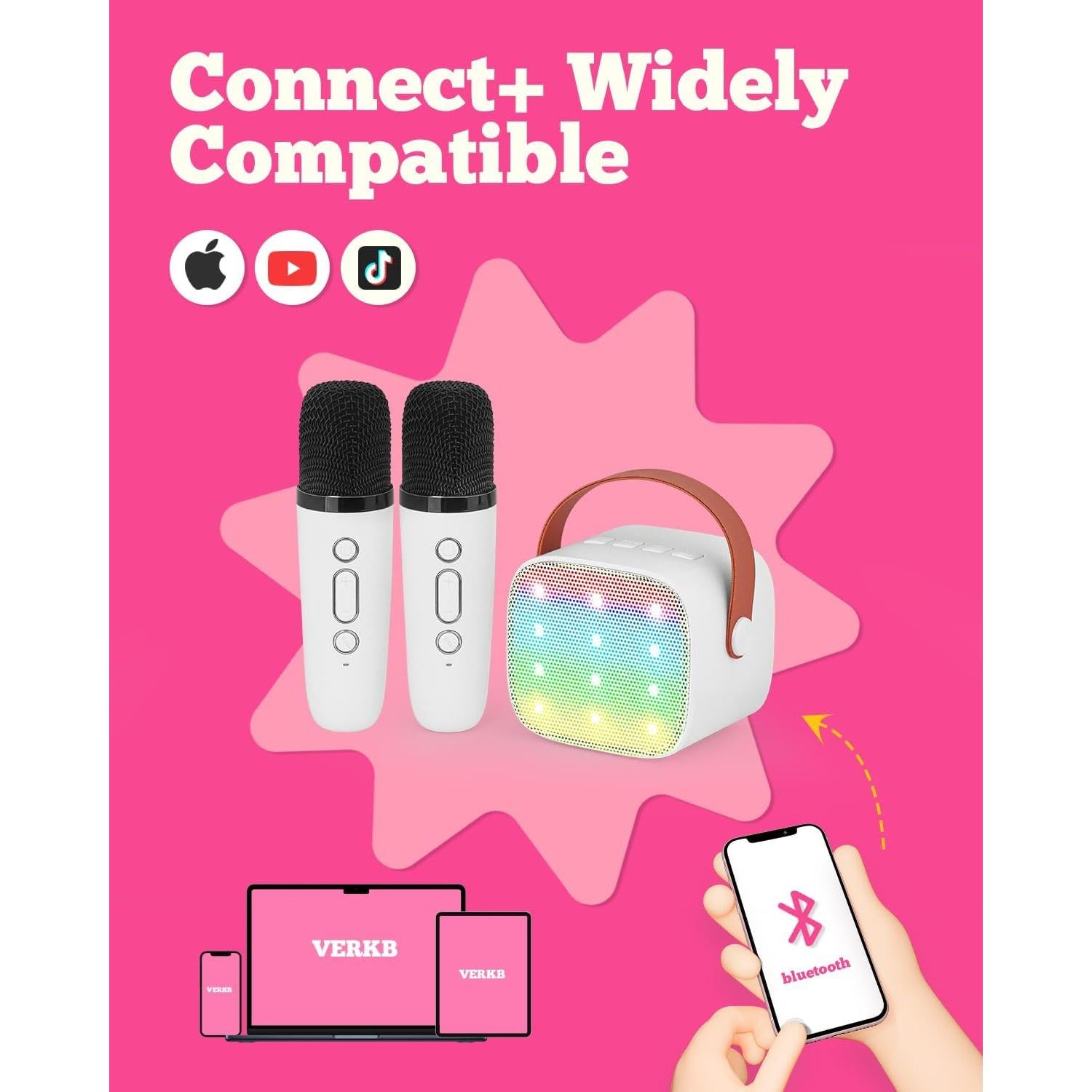 Mini máquina de karaoke VERKB con 2 micrófonos inalámbricos