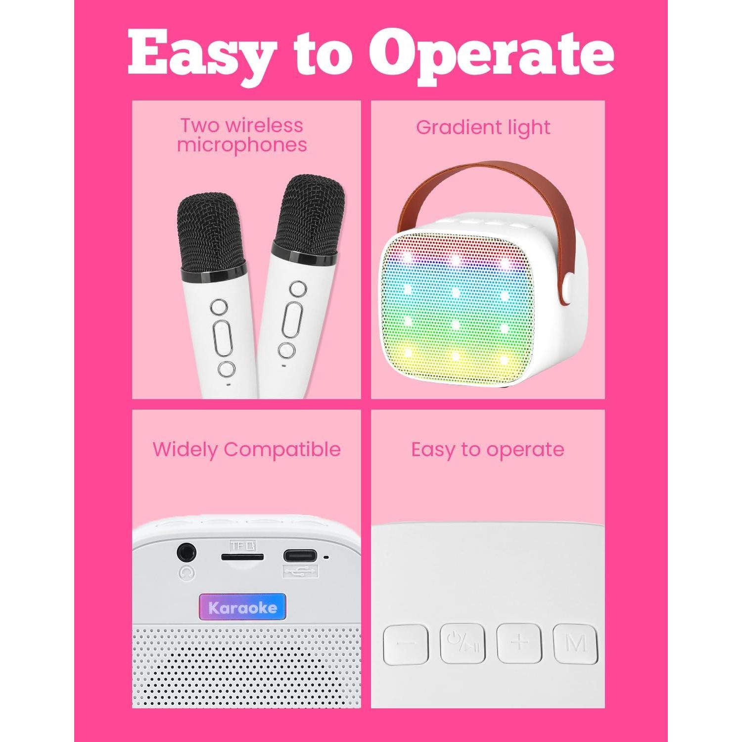 Mini máquina de karaoke VERKB con 2 micrófonos inalámbricos