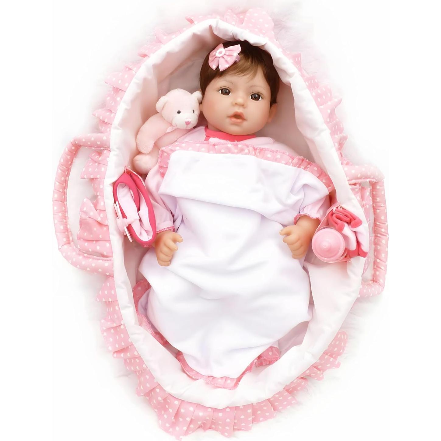 Muñeca Reborn CHAREX 45.72 cm con Cuna Rosa y Accesorios