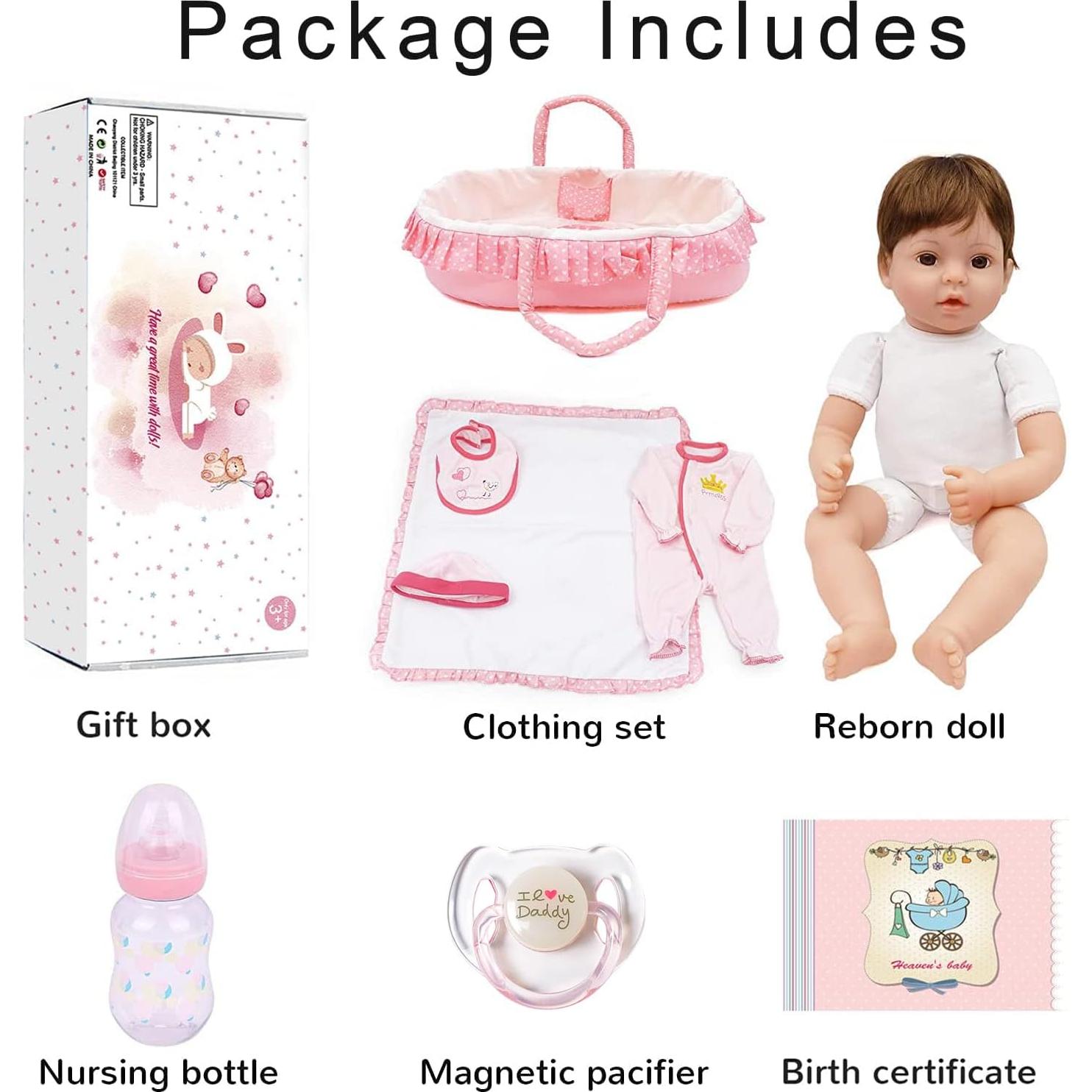 Muñeca Reborn CHAREX 45.72 cm con Cuna Rosa y Accesorios