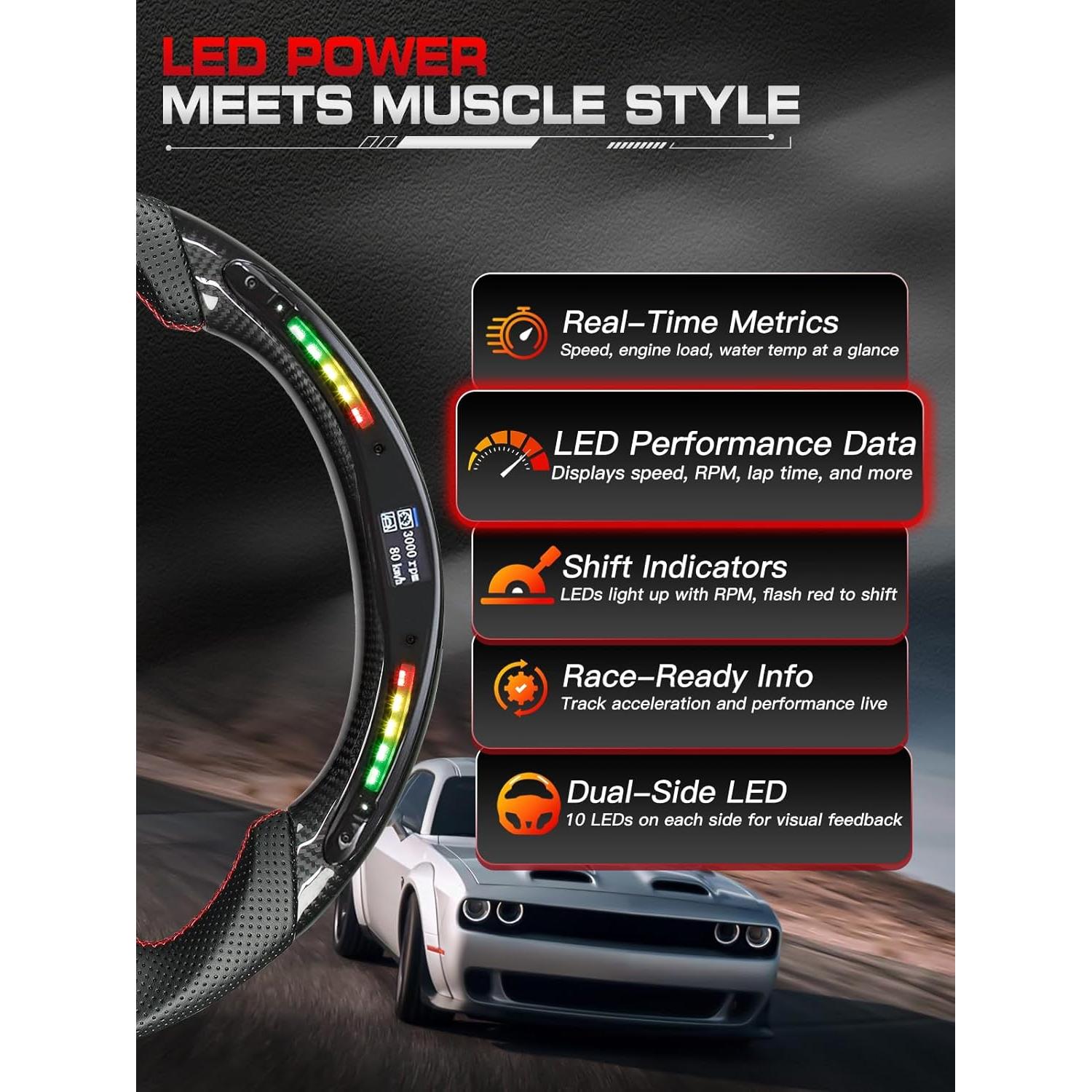 Volante TESFEEL de Fibra de Carbono 38.1cm con LED para Dodge