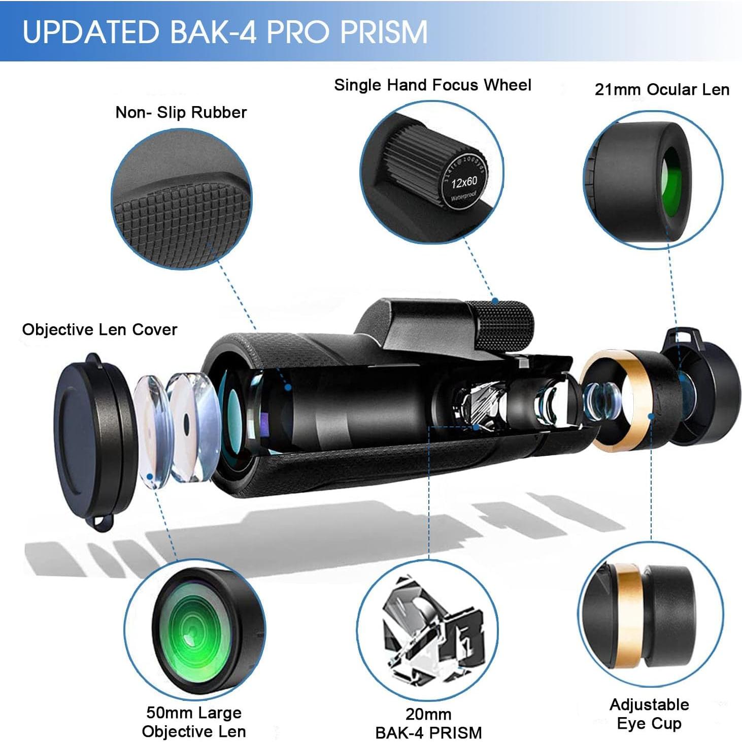 Telescopio Monocular AYRAVIIO 12x60 con Soporte y Trípode