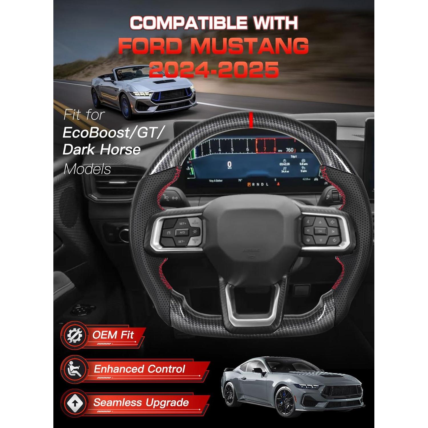 Volante D-shaped TESFEEL para Ford Mustang 2024-2025 Fibra de Carbono