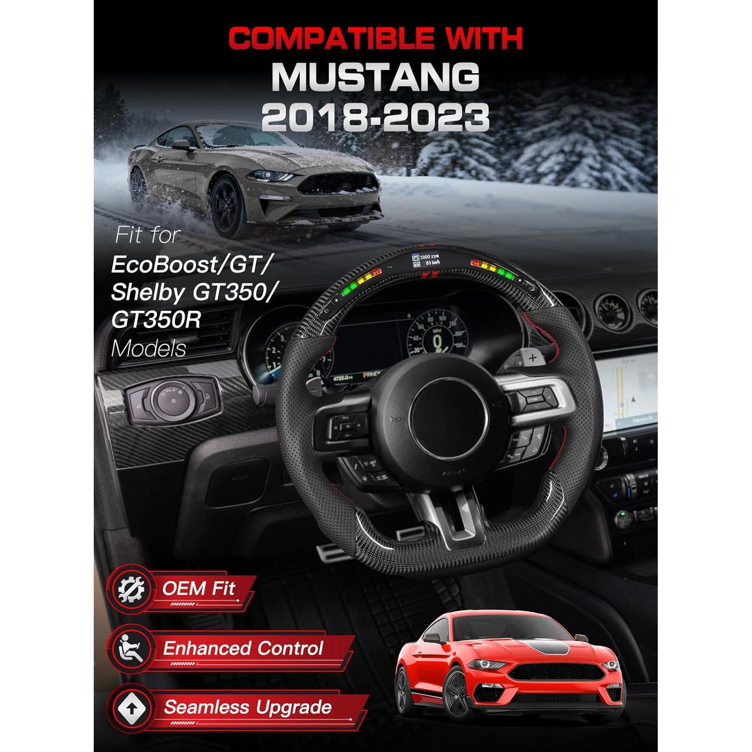 Volante LED TESFEEL para Mustang 2018-2023, Fibra de Carbono