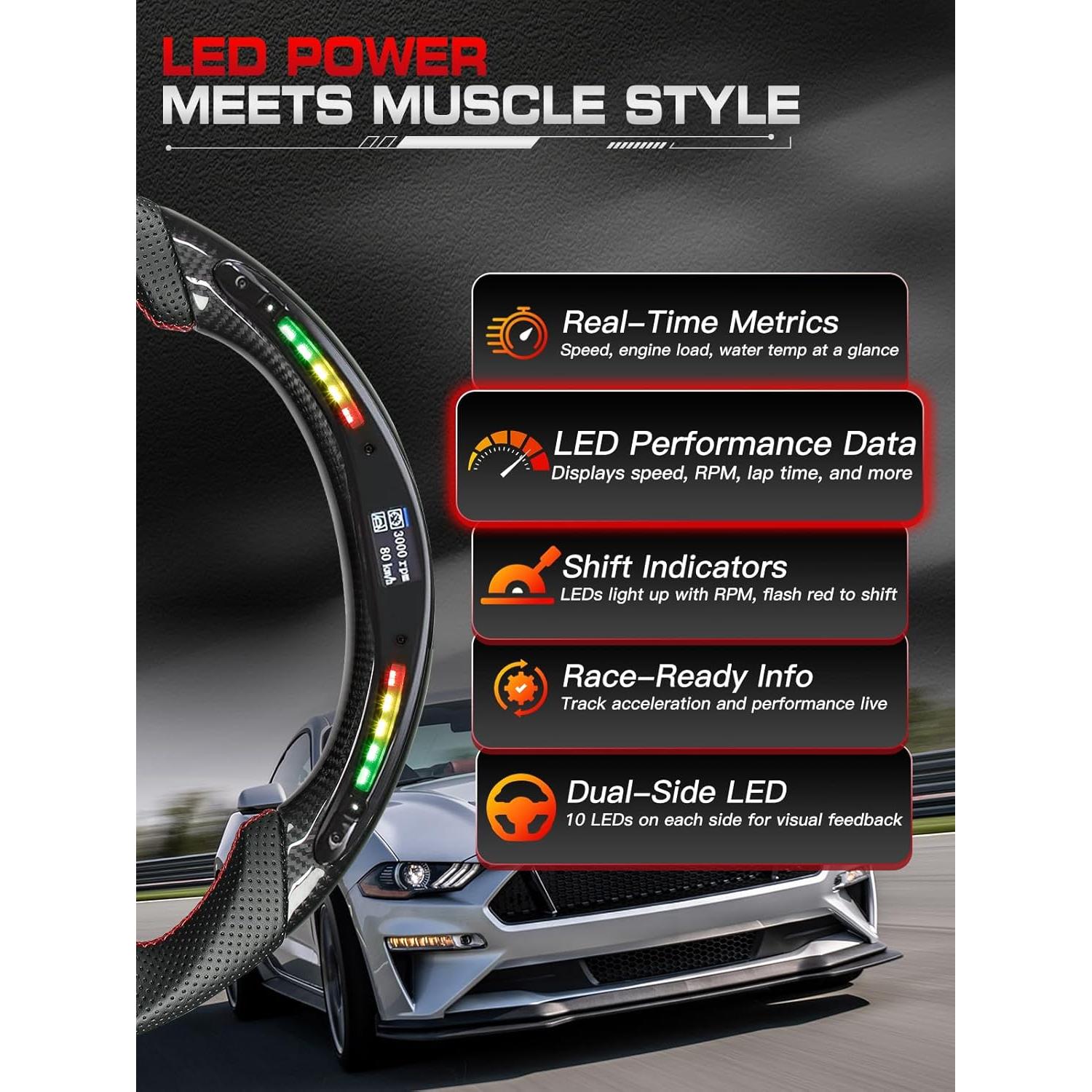 Volante LED TESFEEL para Mustang 2018-2023, Fibra de Carbono