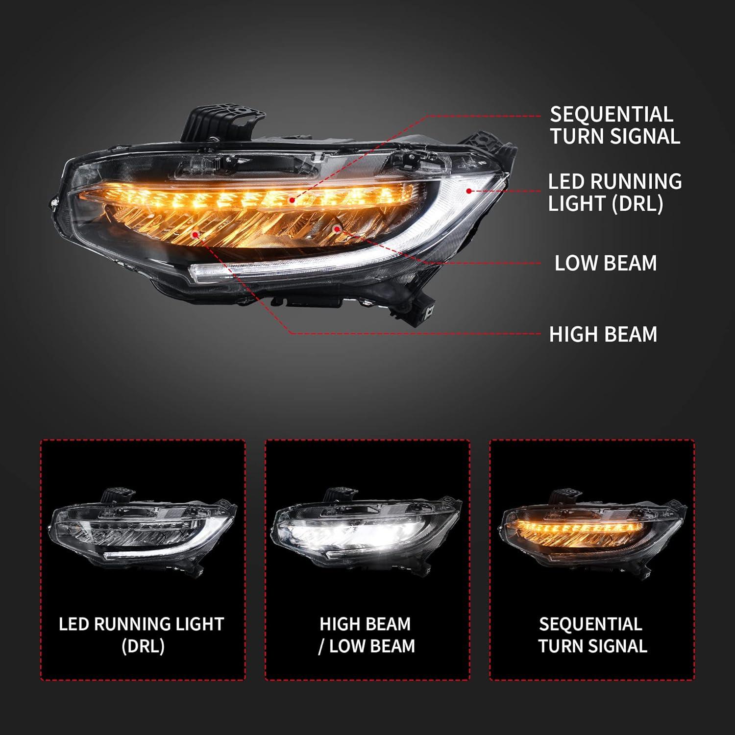 Faros LED VLAND para Honda Civic 2016-2021, Secuencial