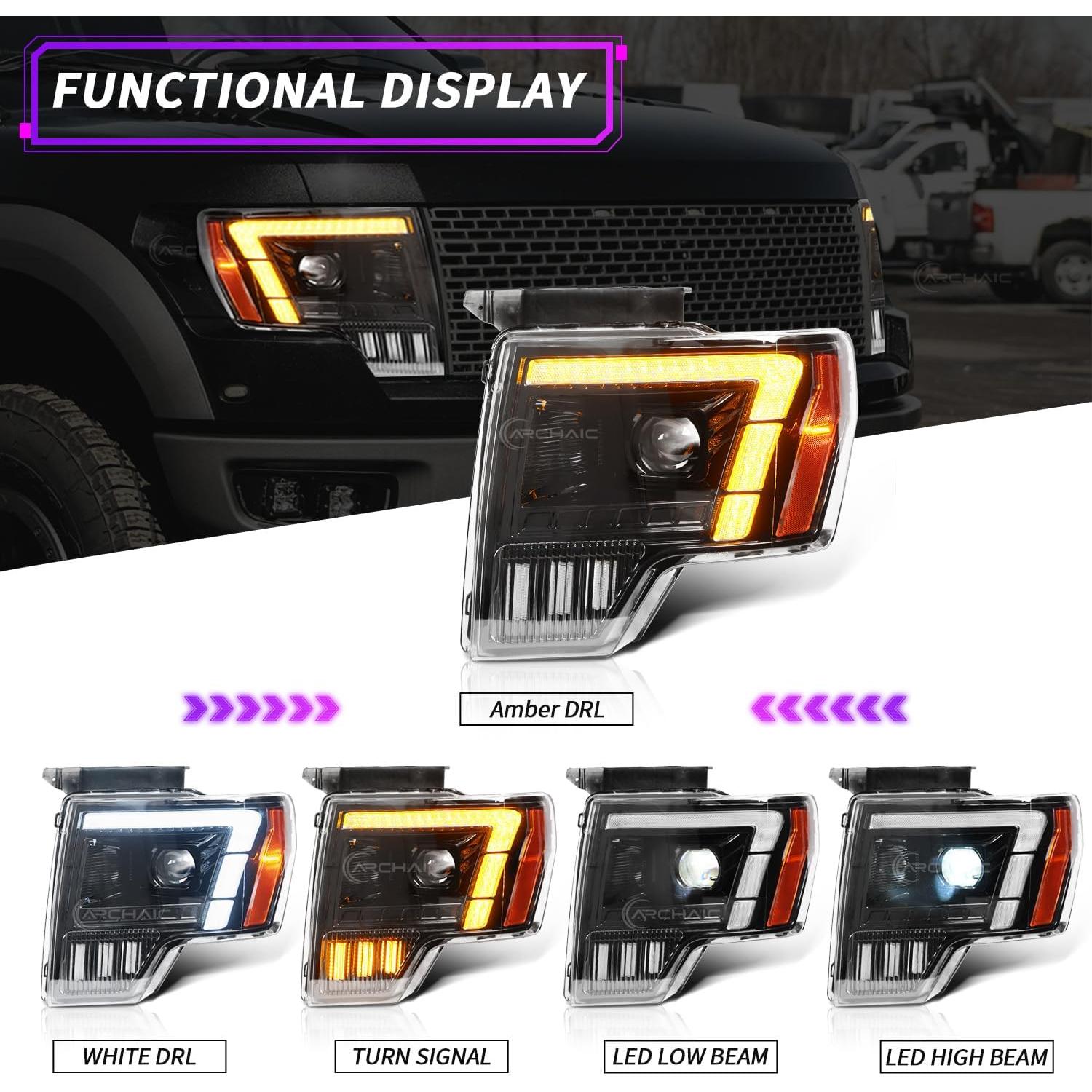 Faros Archaic para Ford F150 2009-2014 DRL Ámbar/Blanco