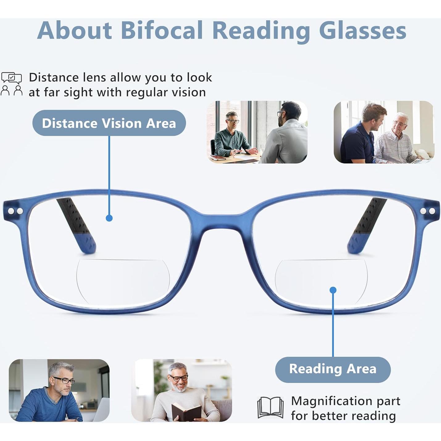EASY READ 2 Pairs TR90 Bifocal Reading Glasses for Men,Rectangular Sport Blue Light Blocking Readers with Spring Hinge