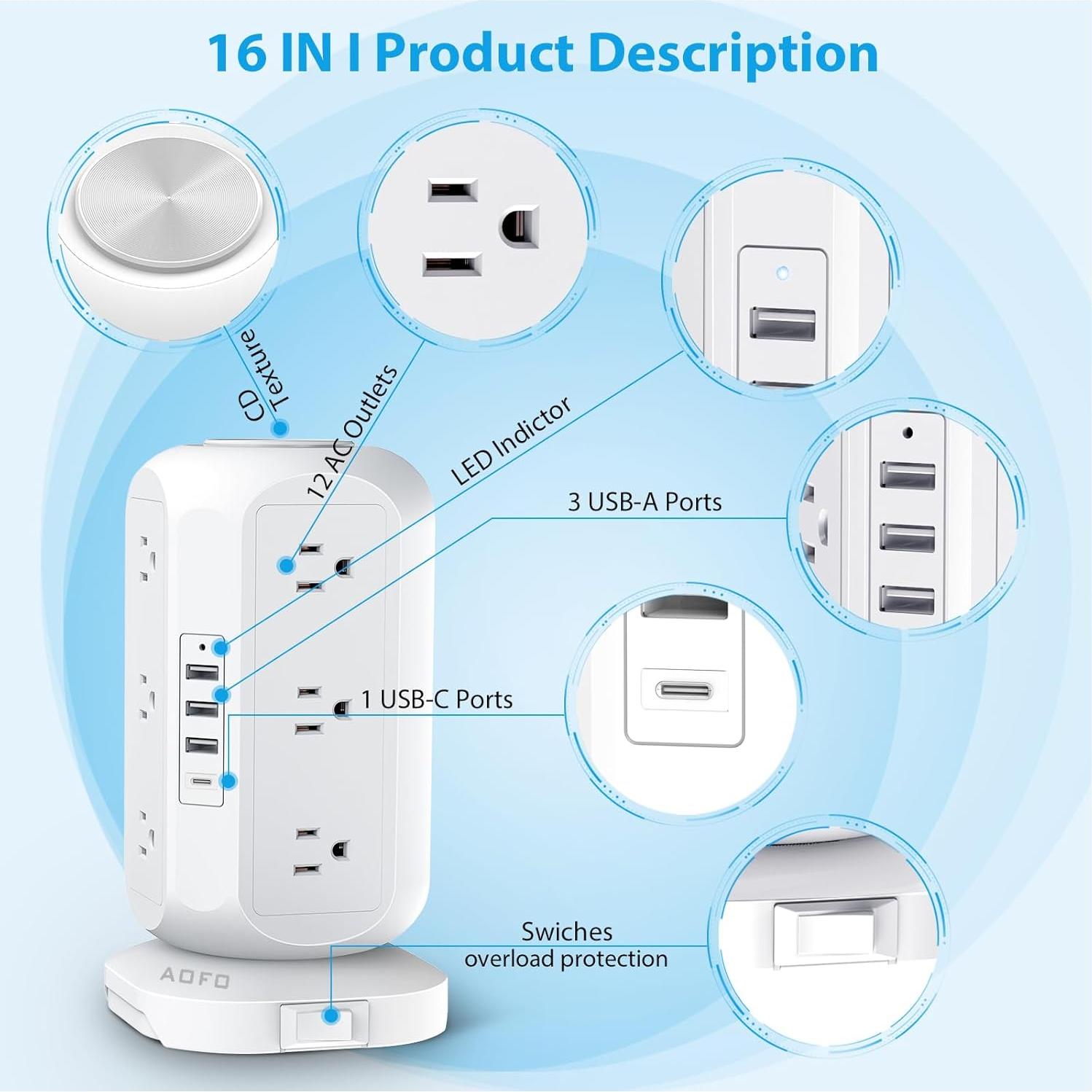 Regleta de Poder AOFO A316 con 12 Salidas y 4 USB