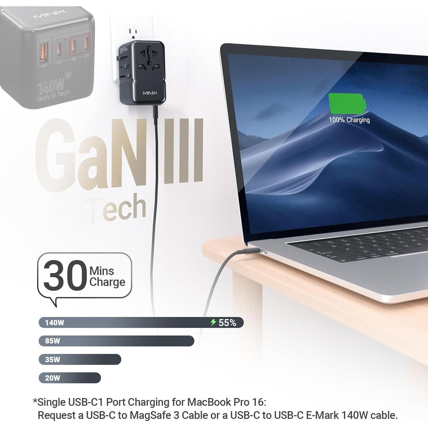 Adaptador de Viaje Universal MINIX 140W 4 Puertos USB-C y A