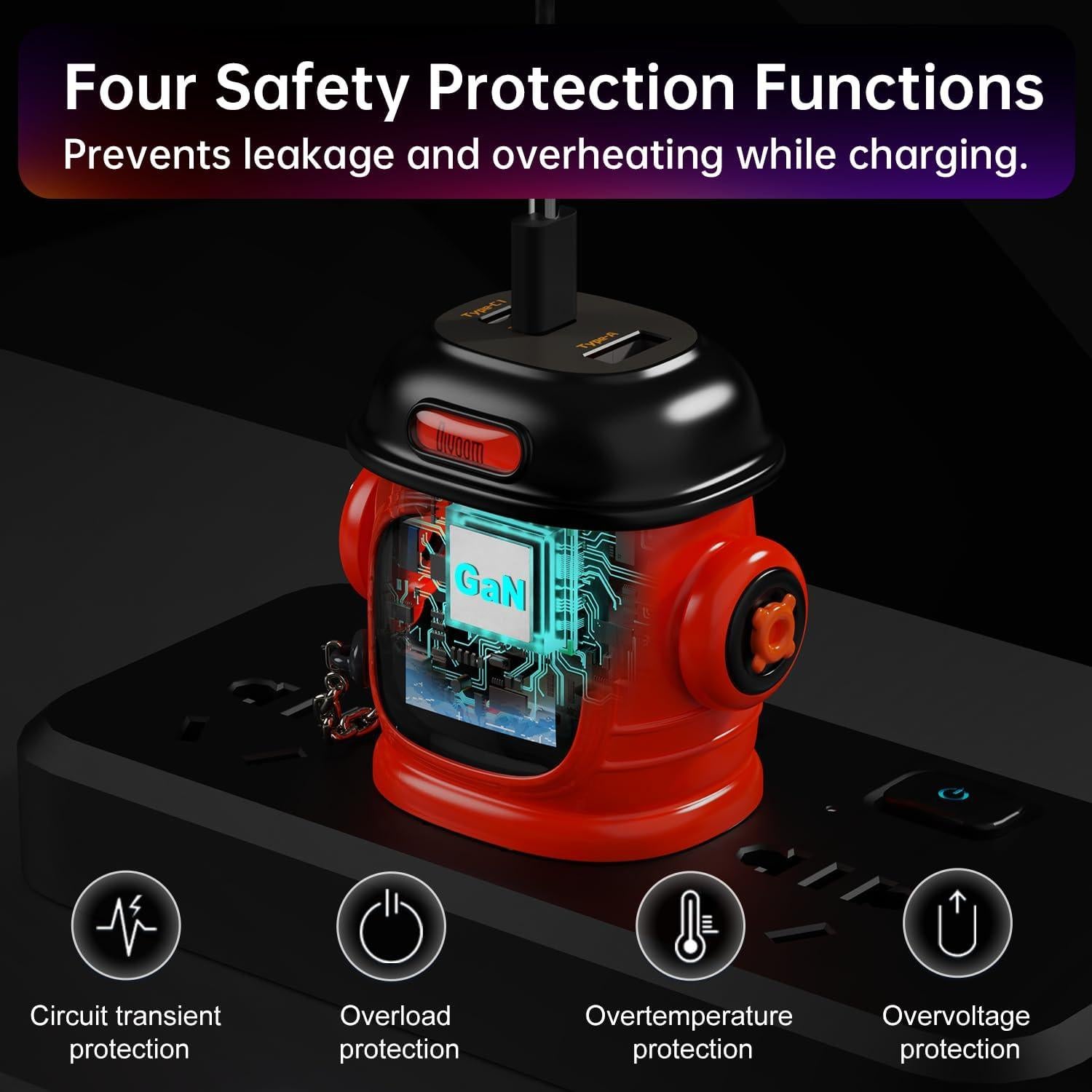 Cargador Divoom Dipow 65W USB-C 3 Puertos Rápido Rojo