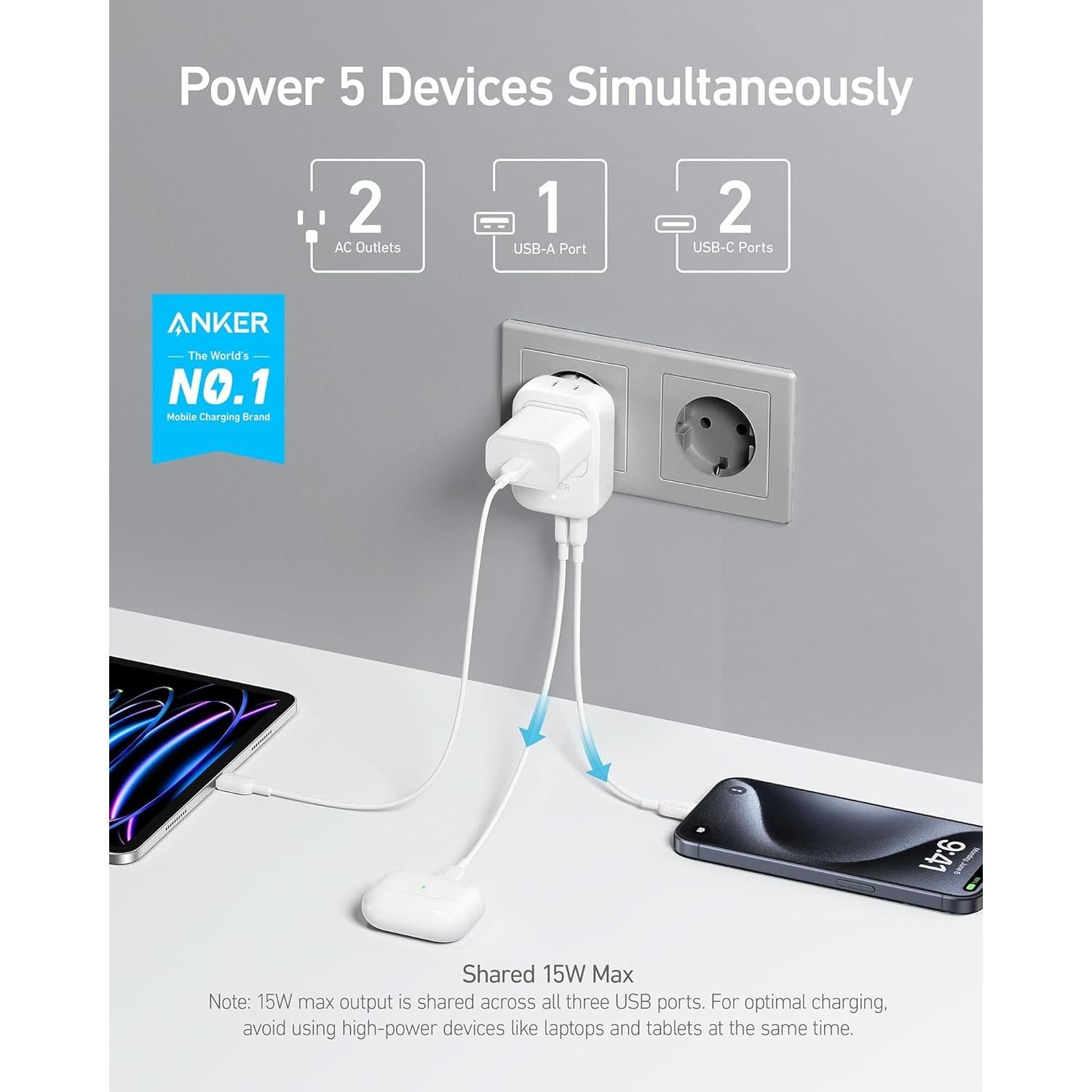 Anker Adaptador de Enchufe Internacional 5-en-1 Tipo E/F