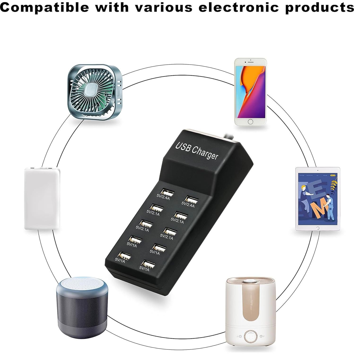 Cargador USB 50W Dongguan 10 Puertos Inteligentes Negro