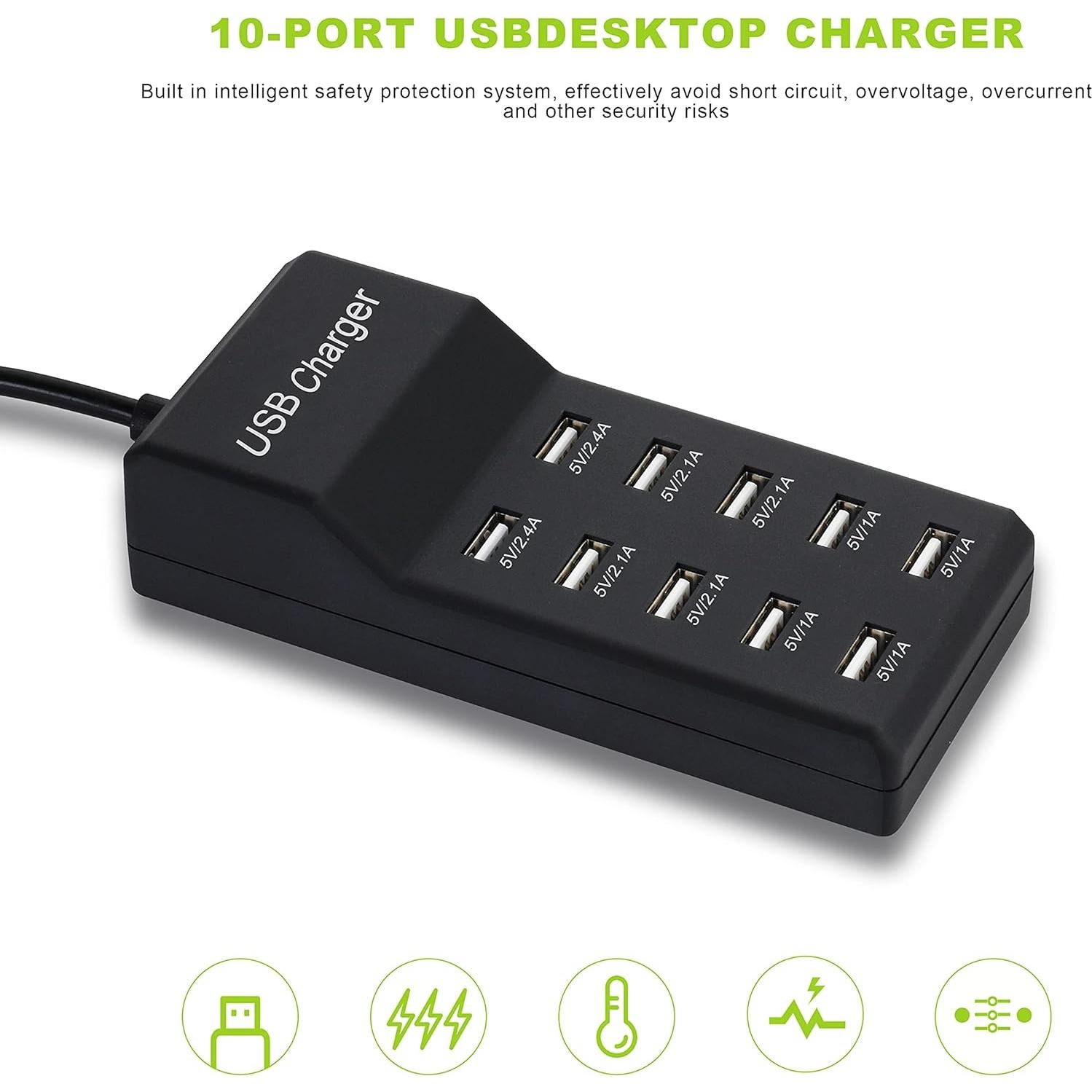 Cargador USB 50W Dongguan 10 Puertos Inteligentes Negro