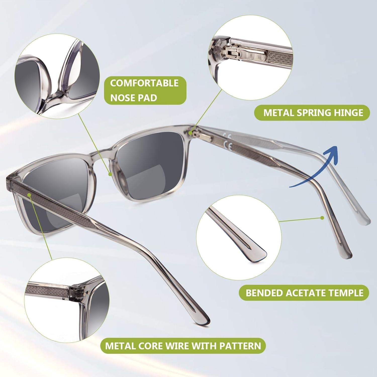 Gafas de lectura bifocales UV400 para hombres gris 2.75x