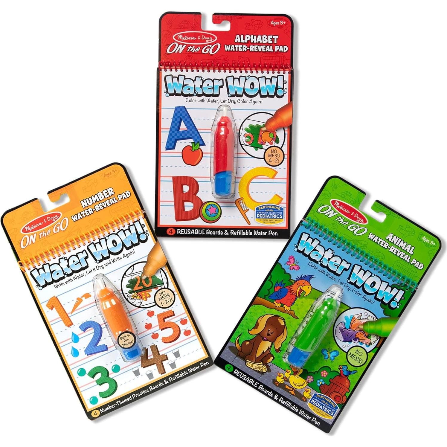 Melissa & Doug On the Go Water Wow! Water-Reveal Activity Pads, 3-pk, Animals, Alphabet, Numbers - 3-Pack Of Reusable No-Mess Travel Activities For Kids