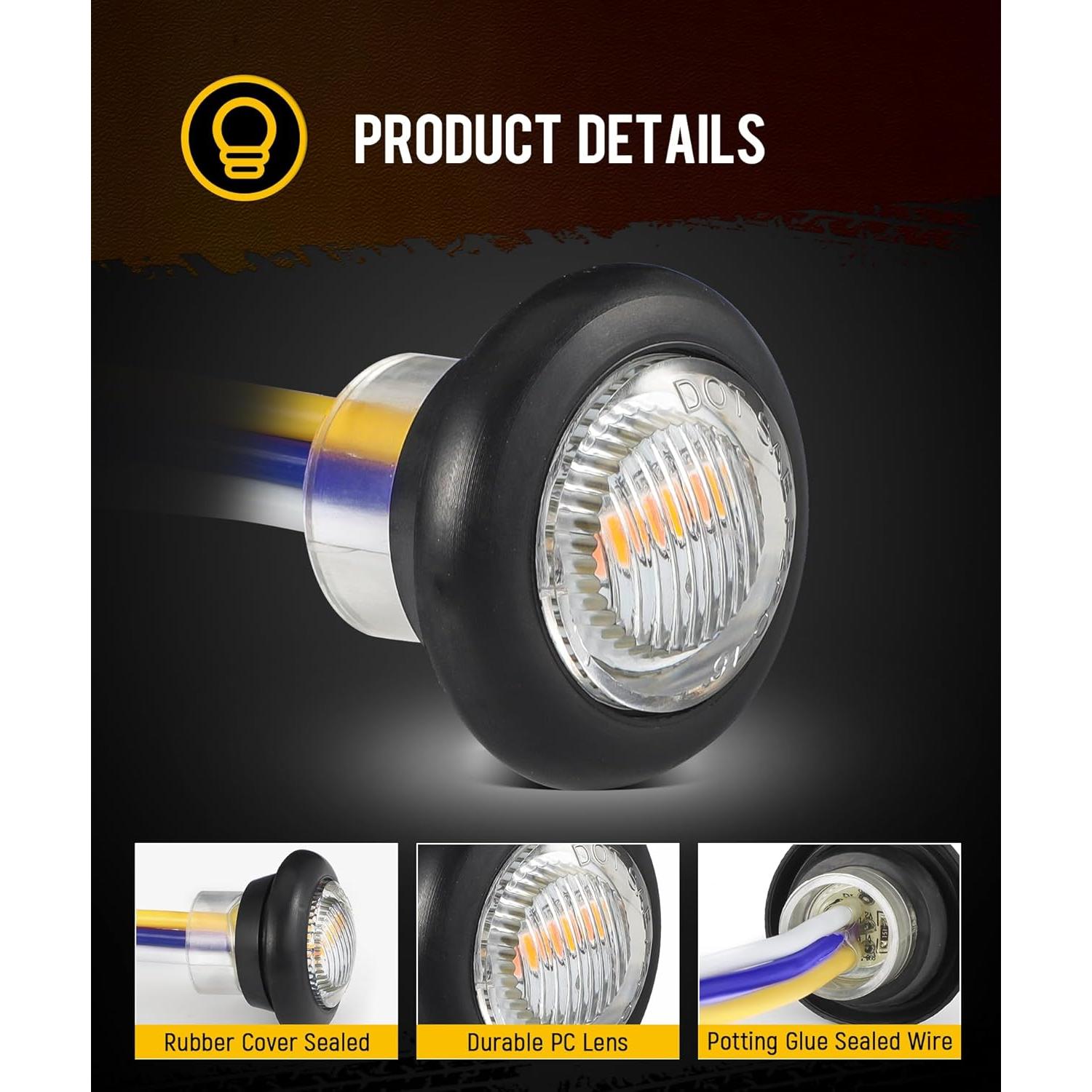 Partsam Luz Marcadora LED Doble Color 10 Piezas 3/4" Ámbar Blanco