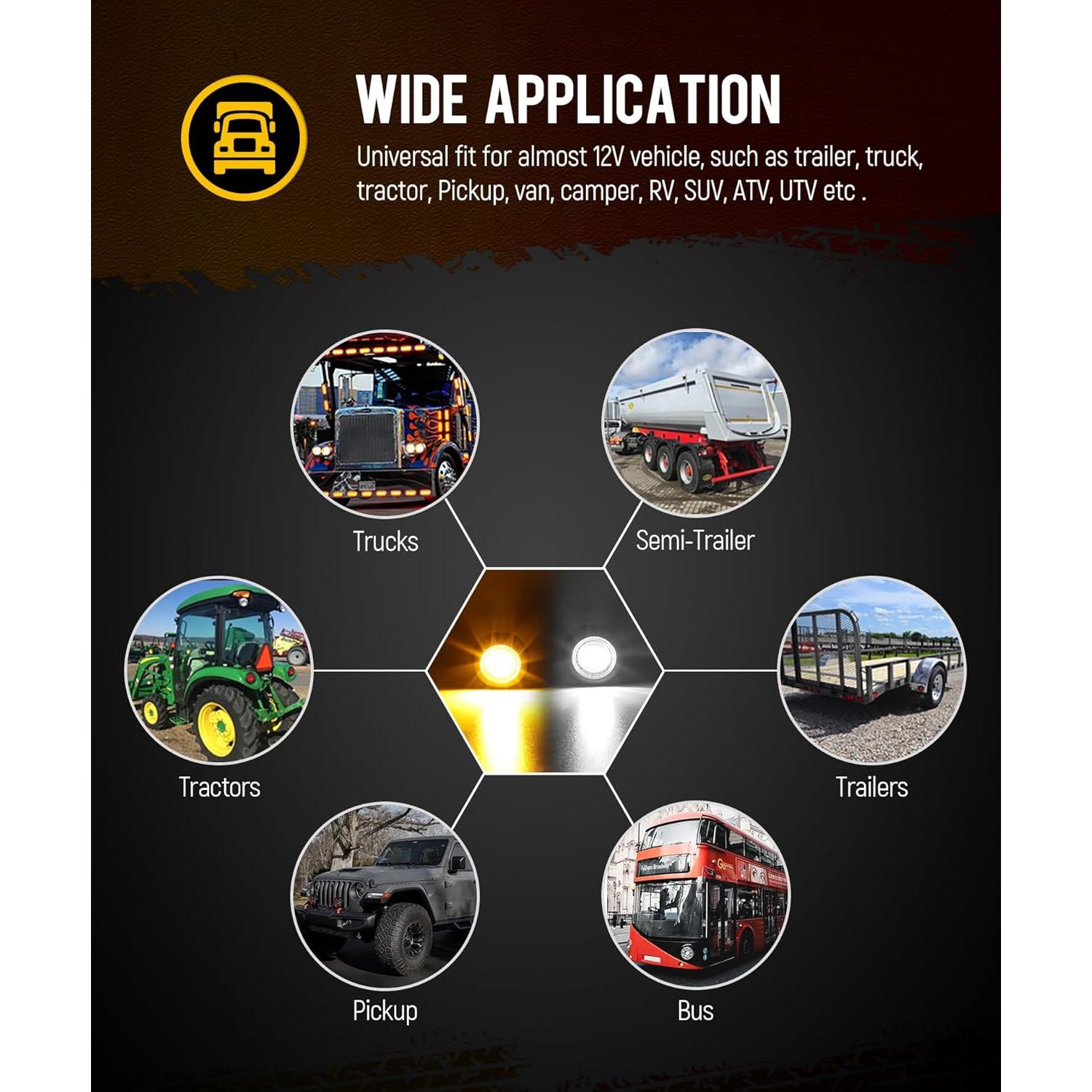 Partsam Luz Marcadora LED Doble Color 10 Piezas 3/4" Ámbar Blanco