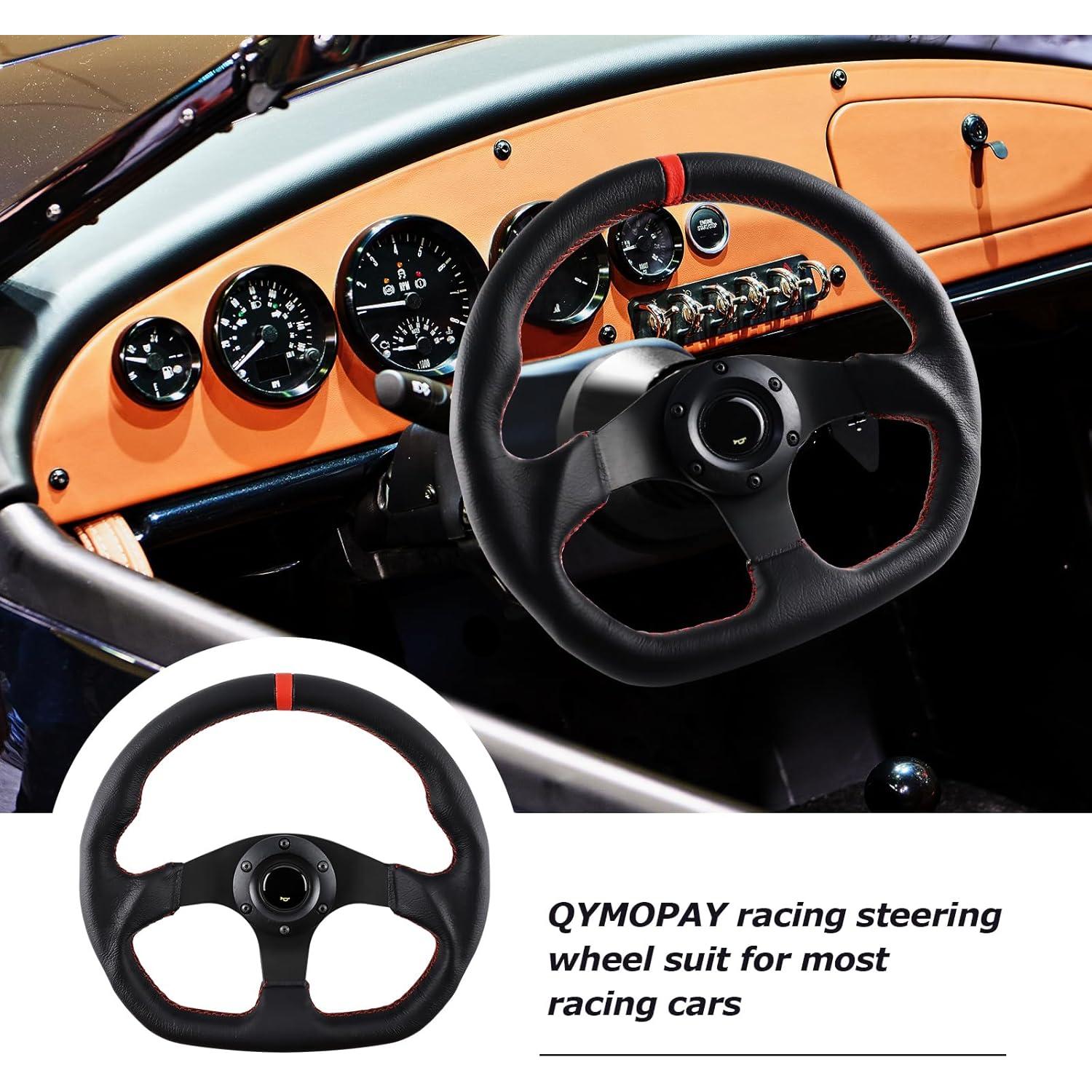 Volante de Carreras QYMOPAY 33 cm 3 Radios Aluminio Cuero Negro