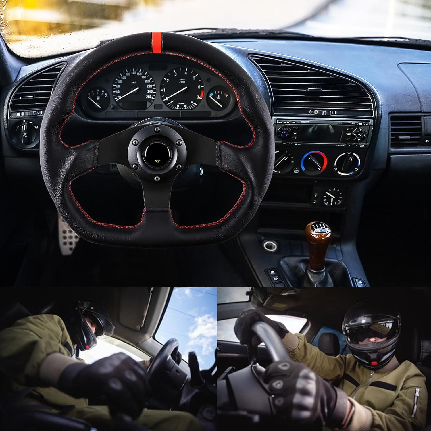 Volante de Carreras QYMOPAY 33 cm 3 Radios Aluminio Cuero Negro