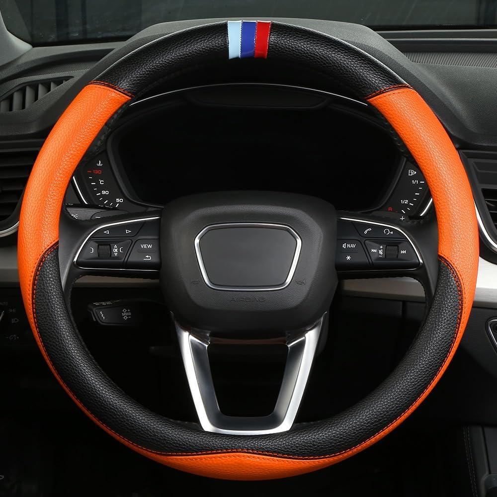 Funda de Volante de Cuero OHHMNKK para BMW 36.83-38.1 cm Naranja