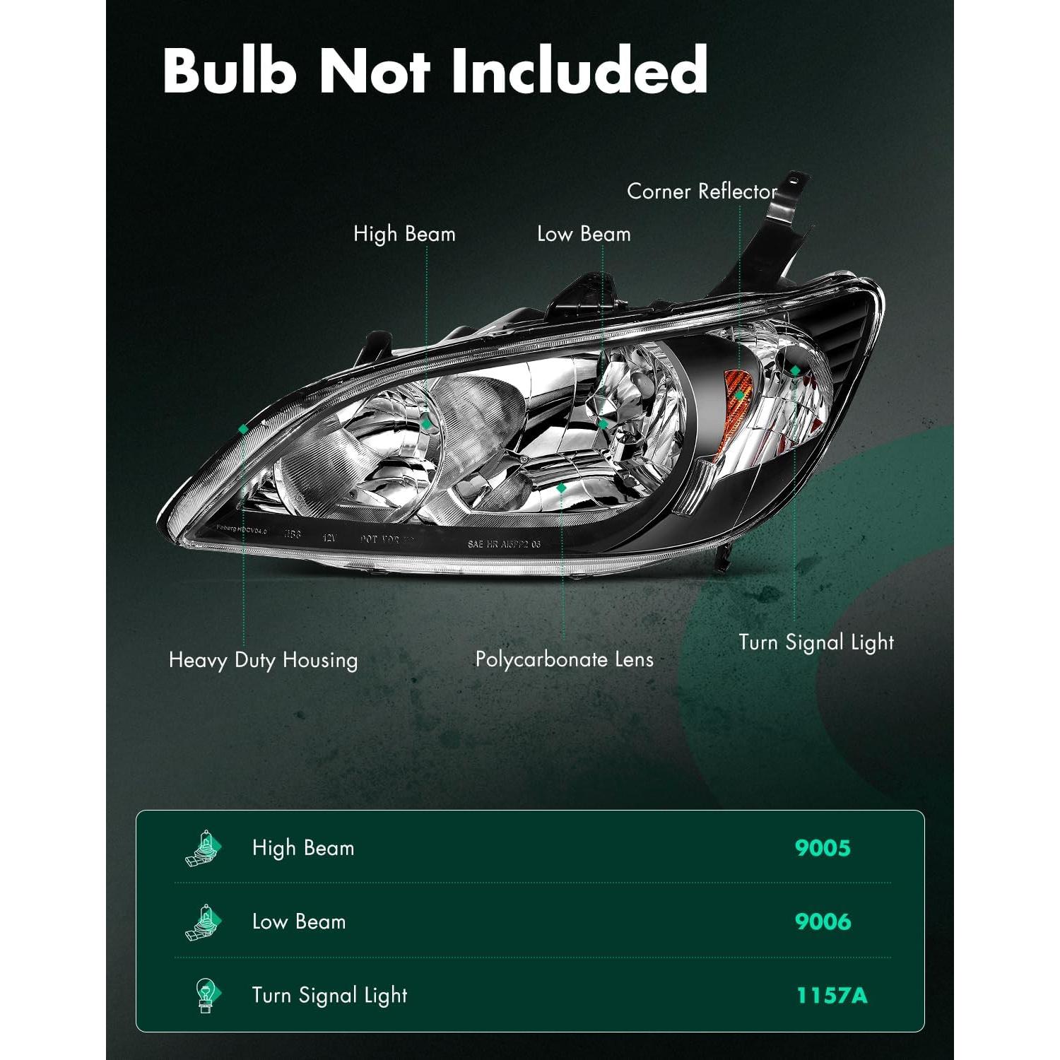 Conjunto de Faros SCITOO para Honda Civic 2004-2005 Lente Clara