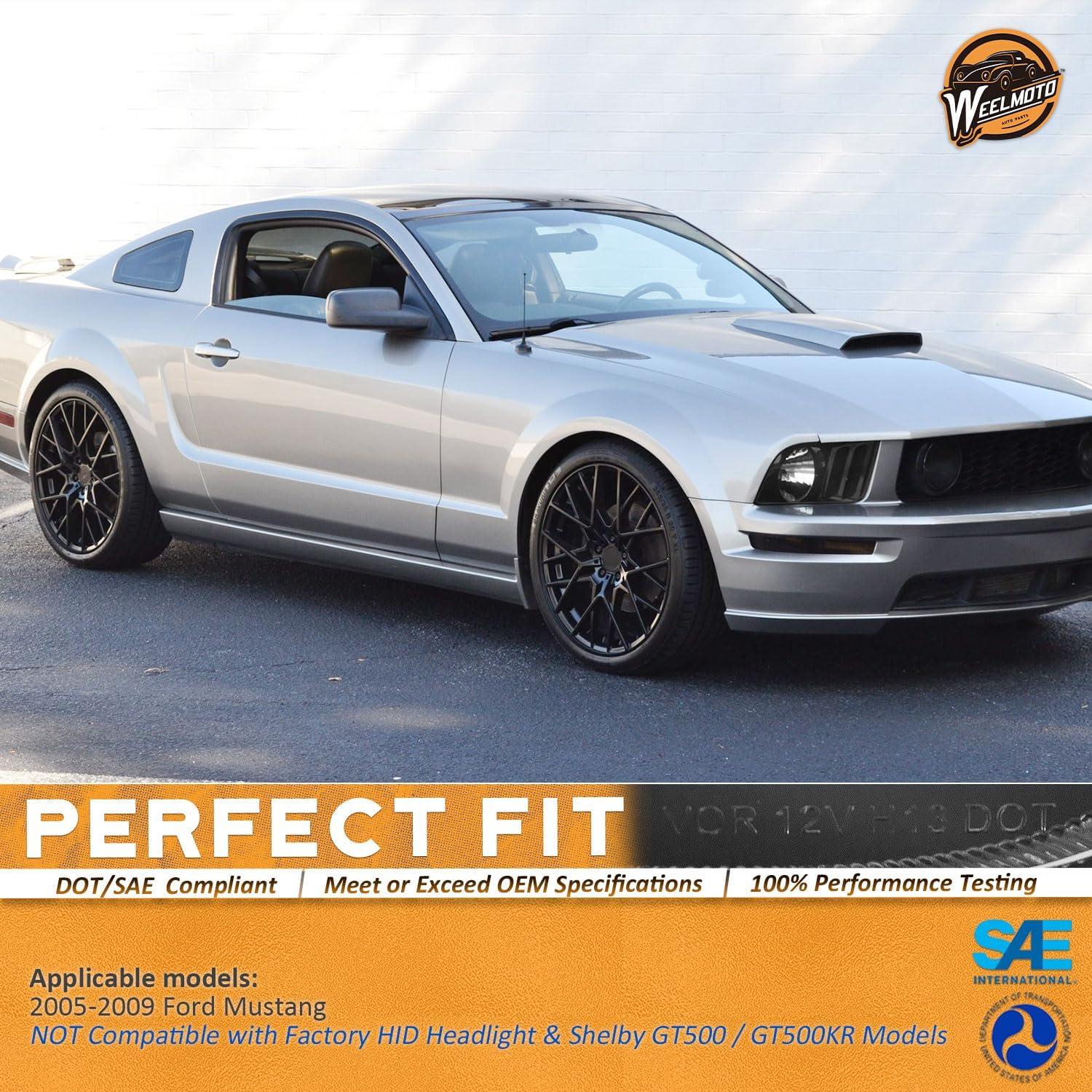 WEELMOTO Halogen Headlights Compatible with 2005-2009 Ford Mustang (Does NOT fit factory Xenon), Headlamp Replacement For 2005 2006 2007 2008 2009 Ford Mustang Headlight Assembly Black Housing