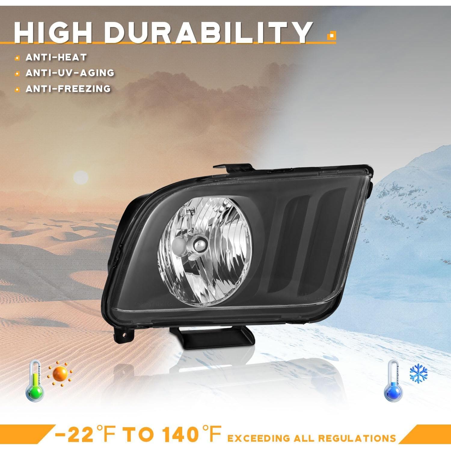 WEELMOTO Halogen Headlights Compatible with 2005-2009 Ford Mustang (Does NOT fit factory Xenon), Headlamp Replacement For 2005 2006 2007 2008 2009 Ford Mustang Headlight Assembly Black Housing