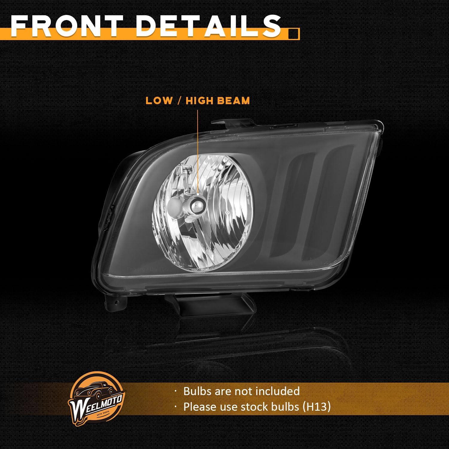 WEELMOTO Halogen Headlights Compatible with 2005-2009 Ford Mustang (Does NOT fit factory Xenon), Headlamp Replacement For 2005 2006 2007 2008 2009 Ford Mustang Headlight Assembly Black Housing