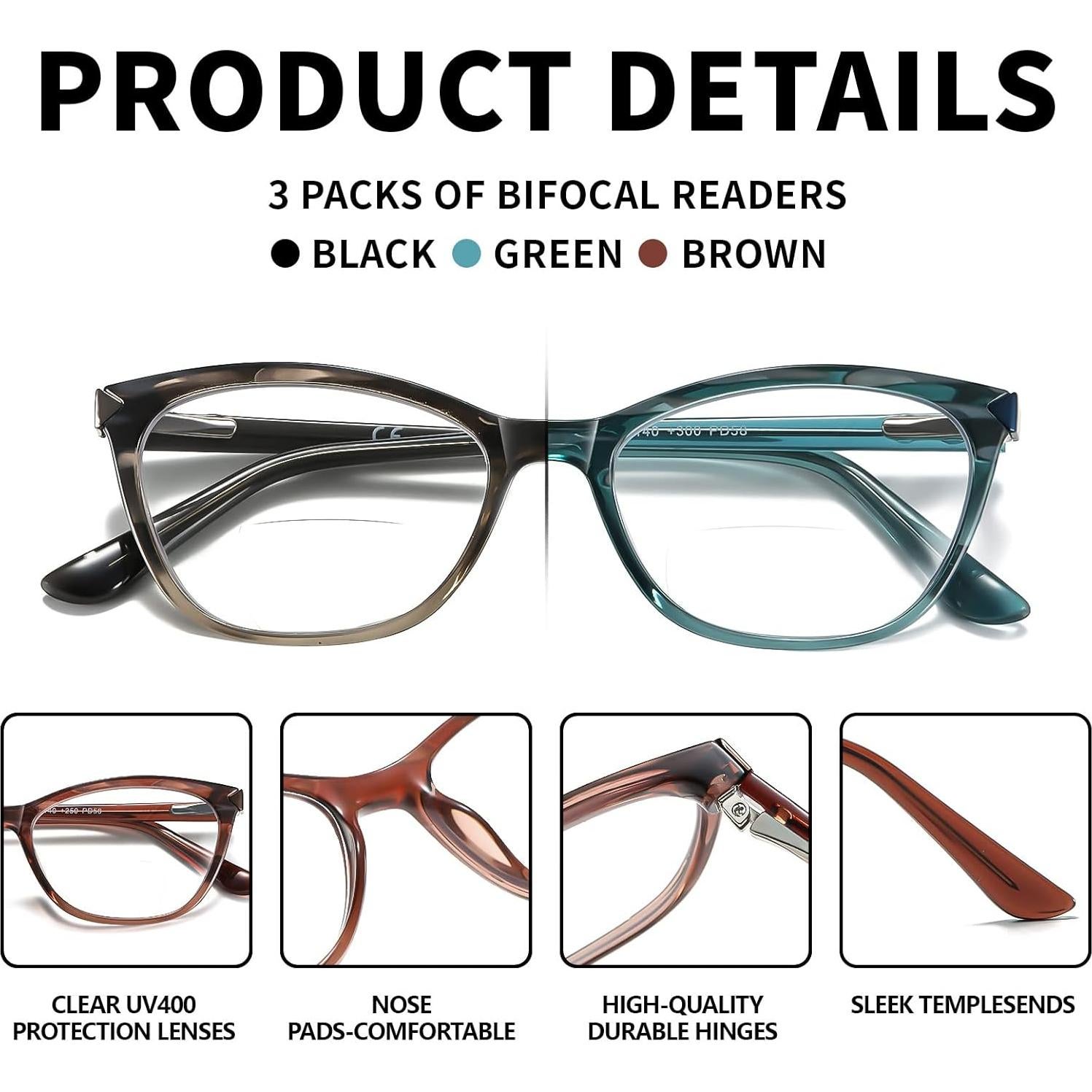 Gafas de lectura bifocales Kafirlo estilo gato 1.75D UV400