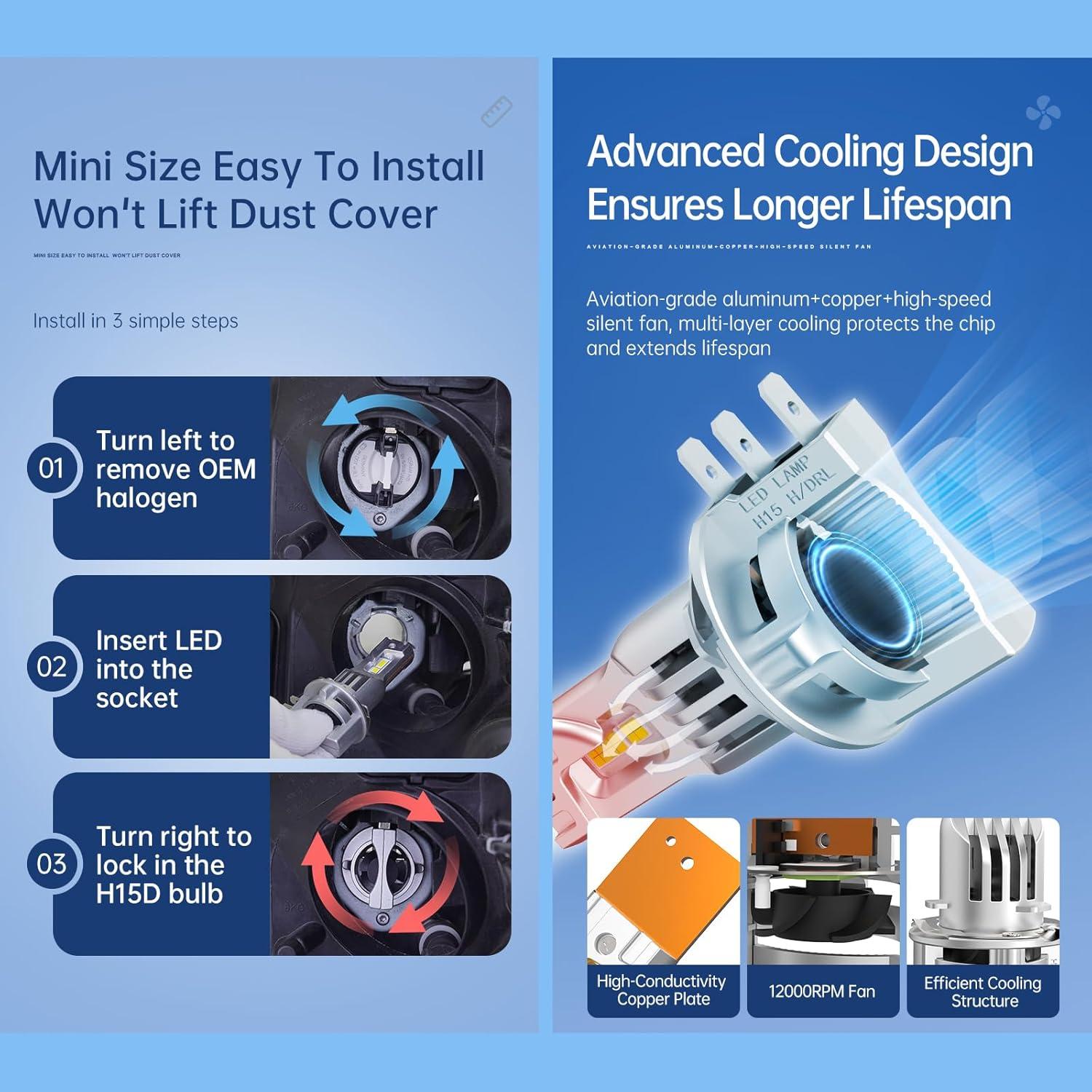 Faros LED ECAHAYAKU H15 Luz Alta 9000LM 6000K para VW