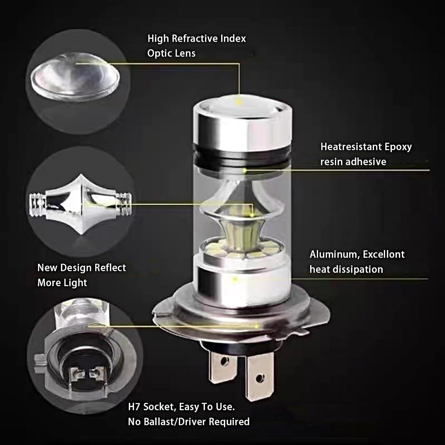 2 Bombillas LED H7 Flygun 12V 100W Luz Niebla Blanca 6500K