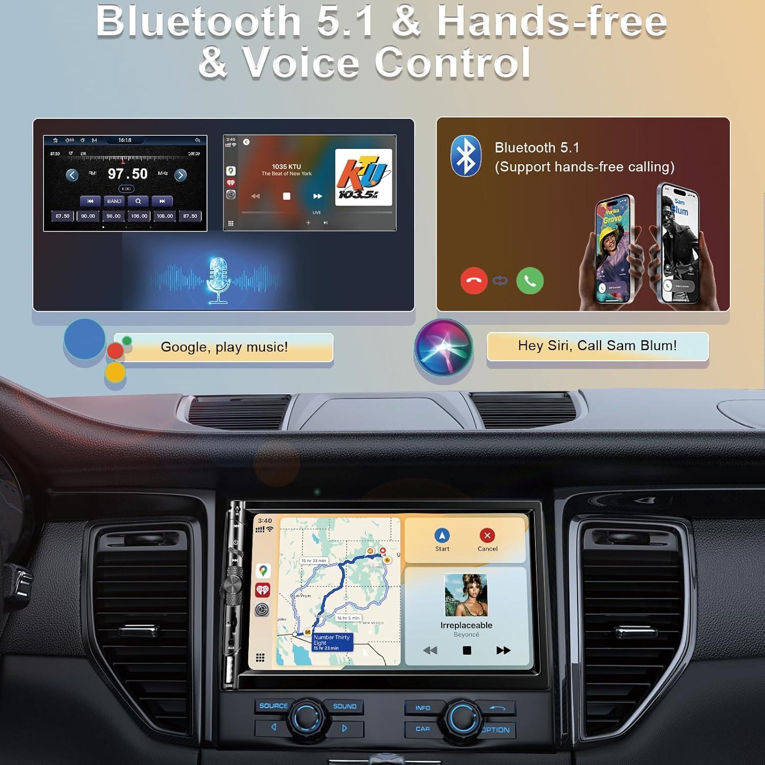 Estéreo Doble Din Nideocion 7" con Apple CarPlay y Bluetooth 5.2