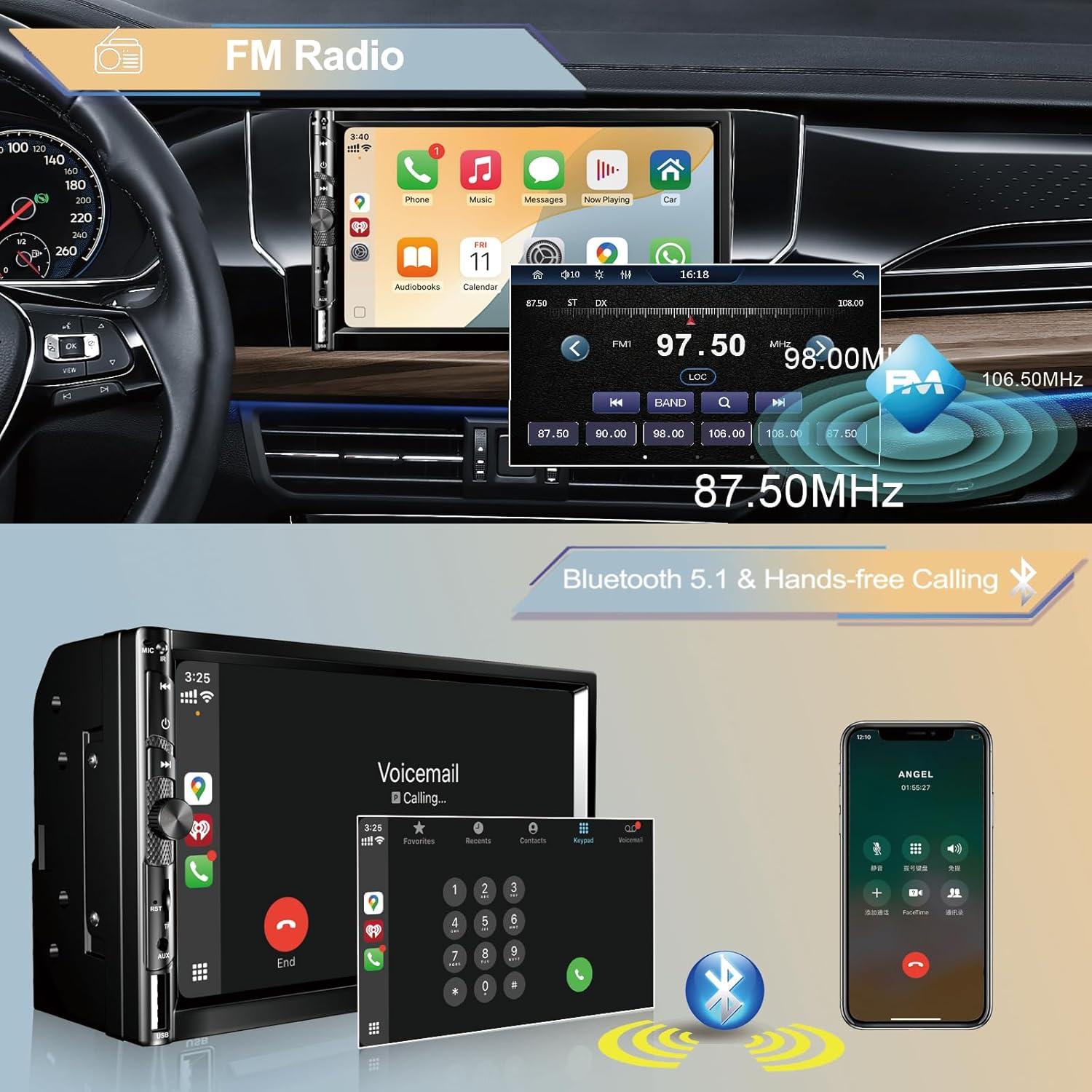 Estéreo Doble Din Nideocion 7" con Apple CarPlay y Bluetooth 5.2
