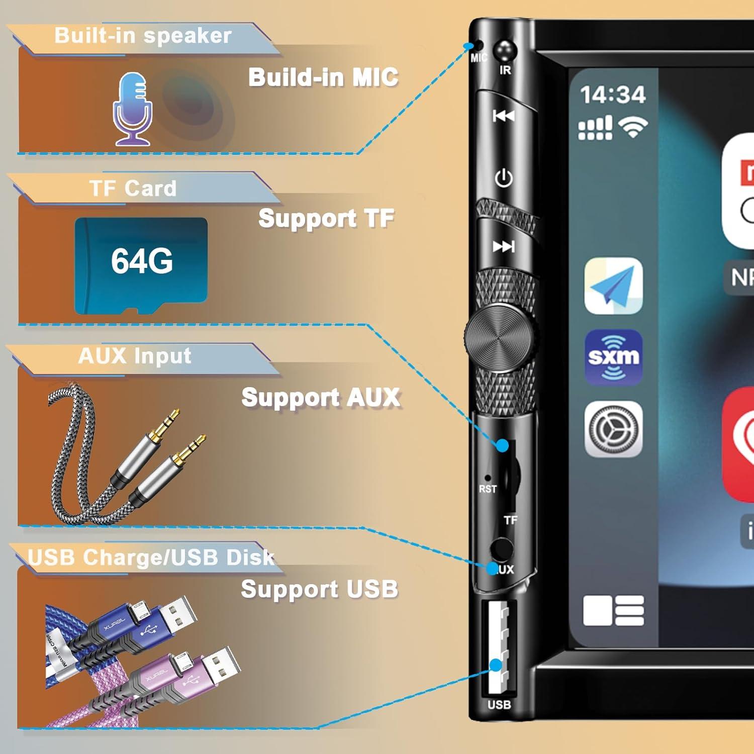 Estéreo Doble Din Nideocion 7" con Apple CarPlay y Bluetooth 5.2