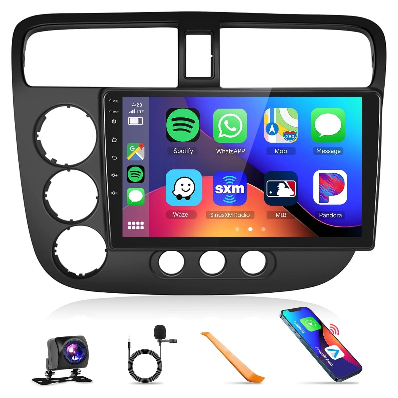 Estéreo de coche Podofo 9" con CarPlay y Android Auto para Honda Civic 2001-2005