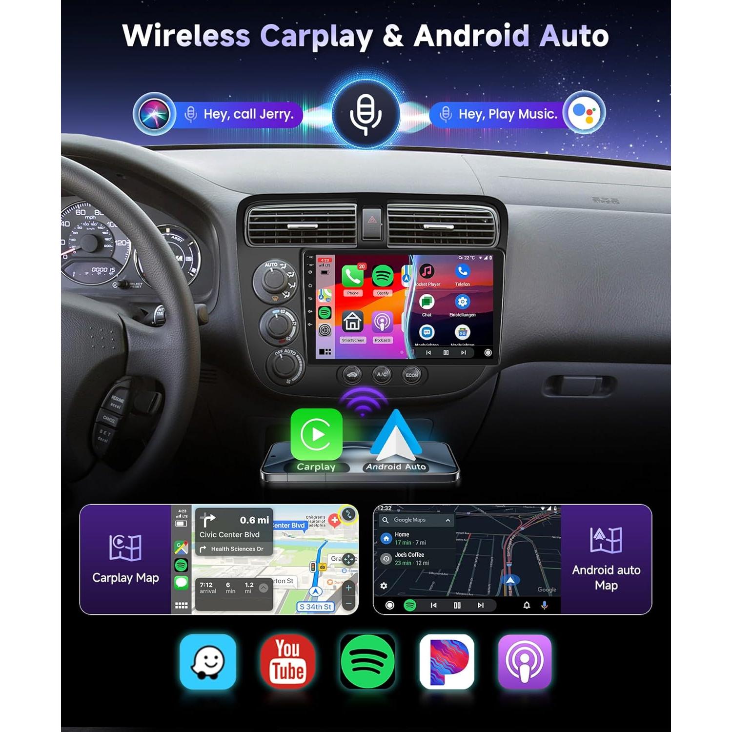 Estéreo de coche Podofo 9" con CarPlay y Android Auto para Honda Civic 2001-2005