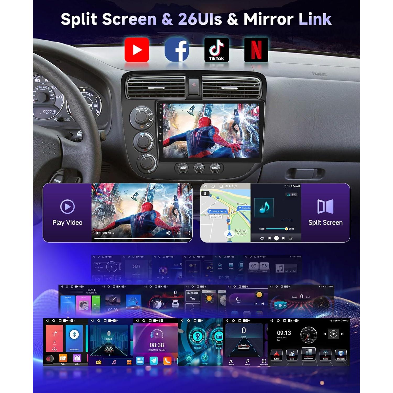 Estéreo de coche Podofo 9" con CarPlay y Android Auto para Honda Civic 2001-2005