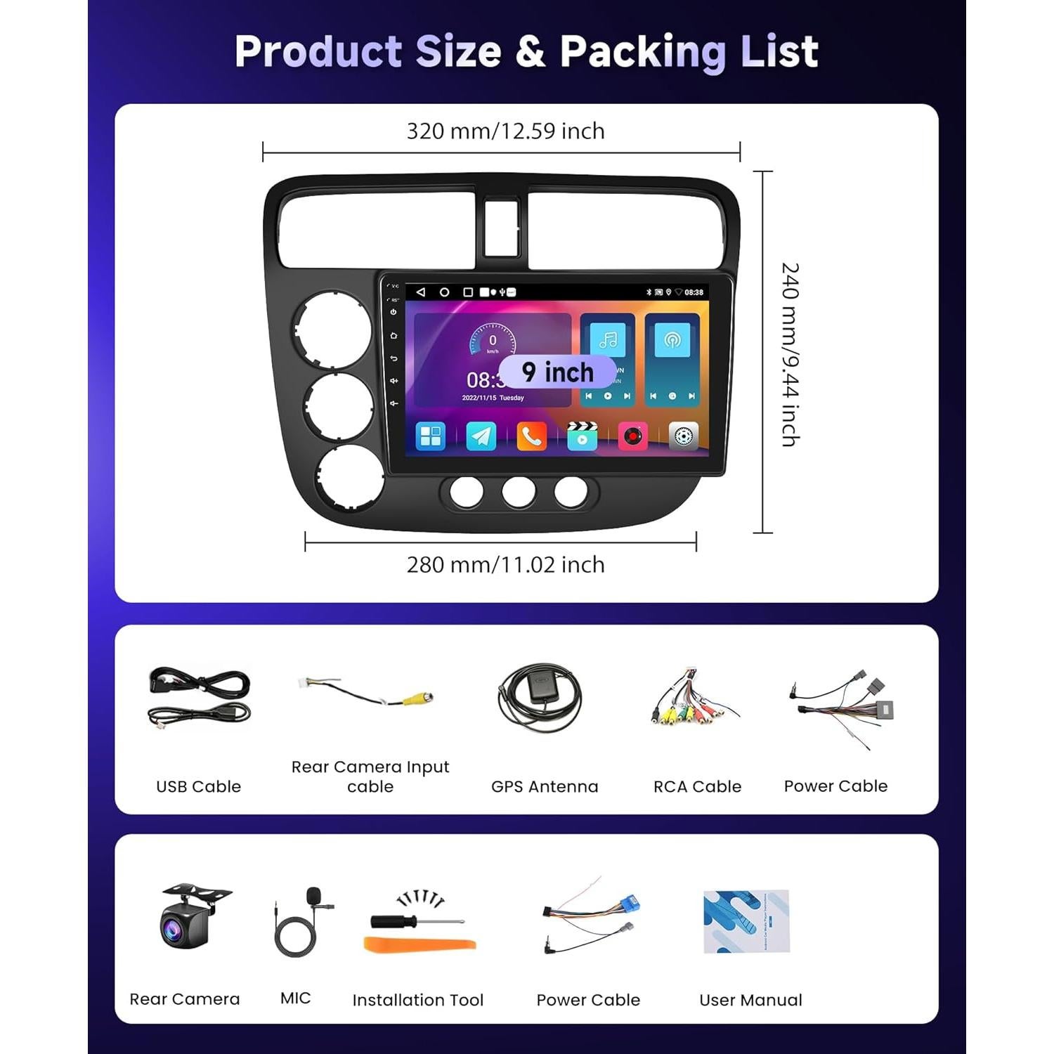 Estéreo de coche Podofo 9" con CarPlay y Android Auto para Honda Civic 2001-2005