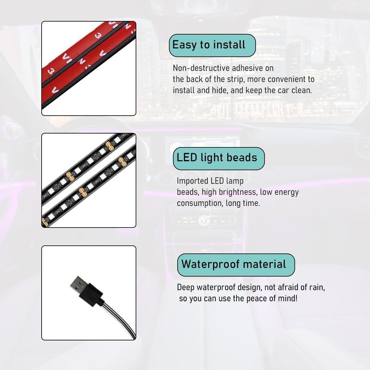 Tira de Luz LED para Auto Yourkar Azul 24 LEDs USB Impermeable