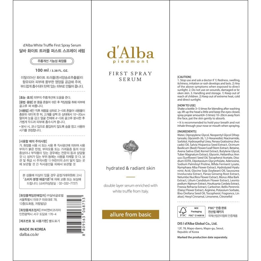 Suero en Spray D'alba Piedmont 100 ml Hidratante Facial