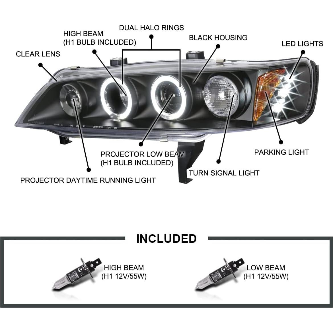 Faros Proyector LED Halo Negro Spec-D para Honda Accord 1994-1997