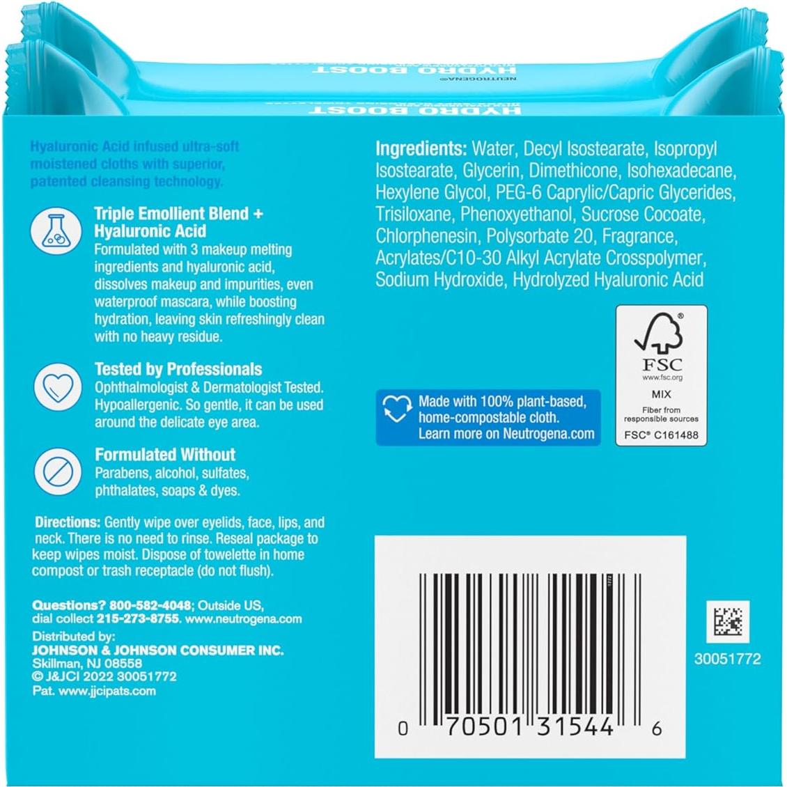 Toallitas Faciales Neutrogena Hydro Boost 50 Unidades Hipoalergénicas