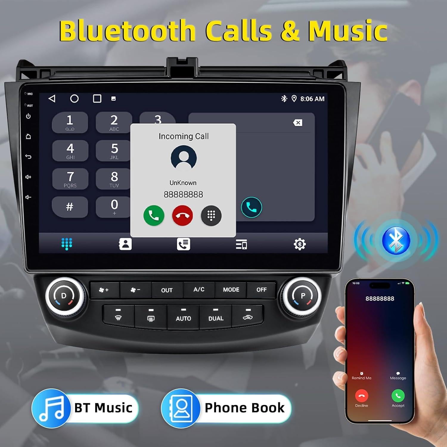 Estéreo de Radio Asenago para Honda Accord 7ª 2003-2007 con Carplay y Bluetooth