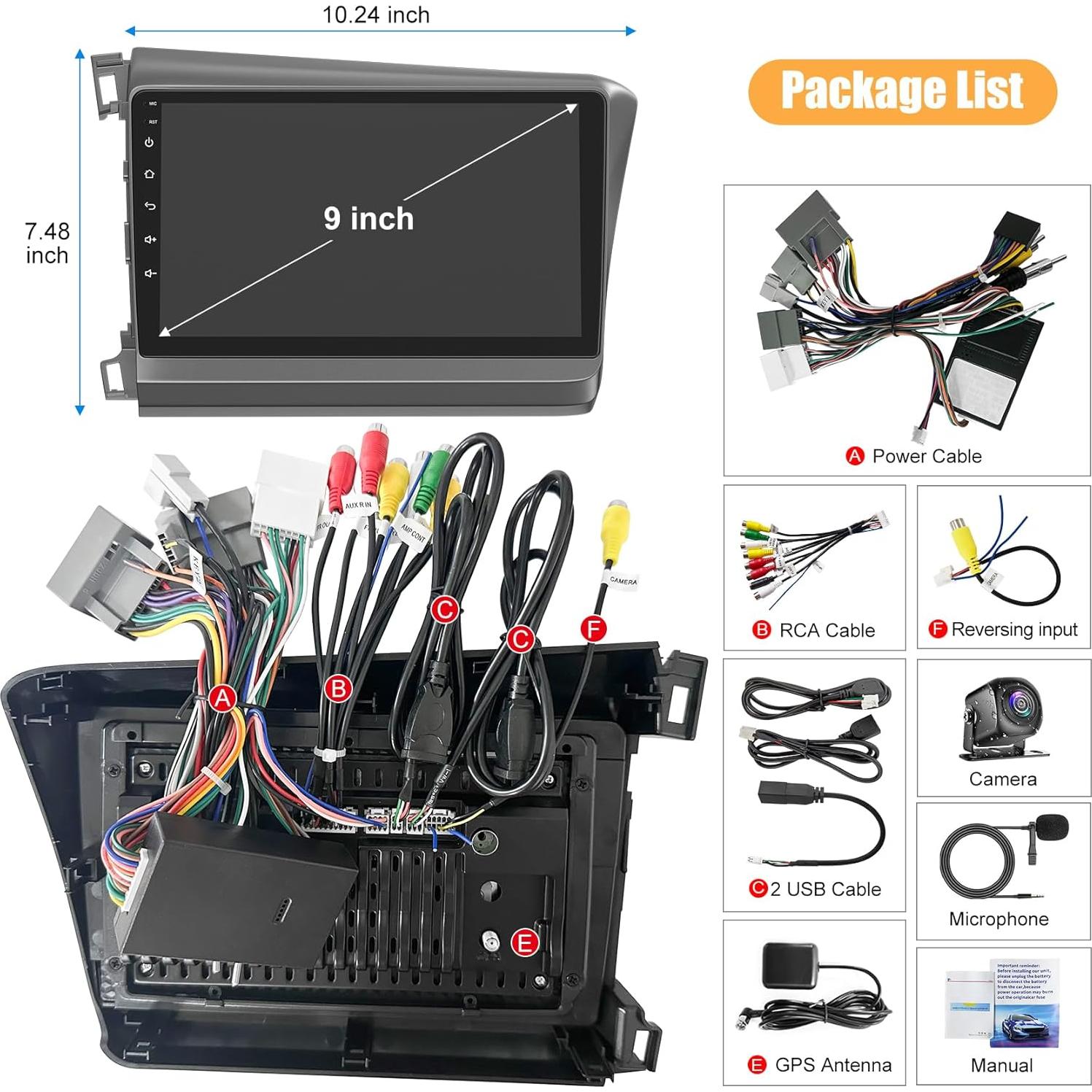 Radio de Coche B4U para Honda Civic 2012-2015, 9" GPS, Bluetooth 5.2